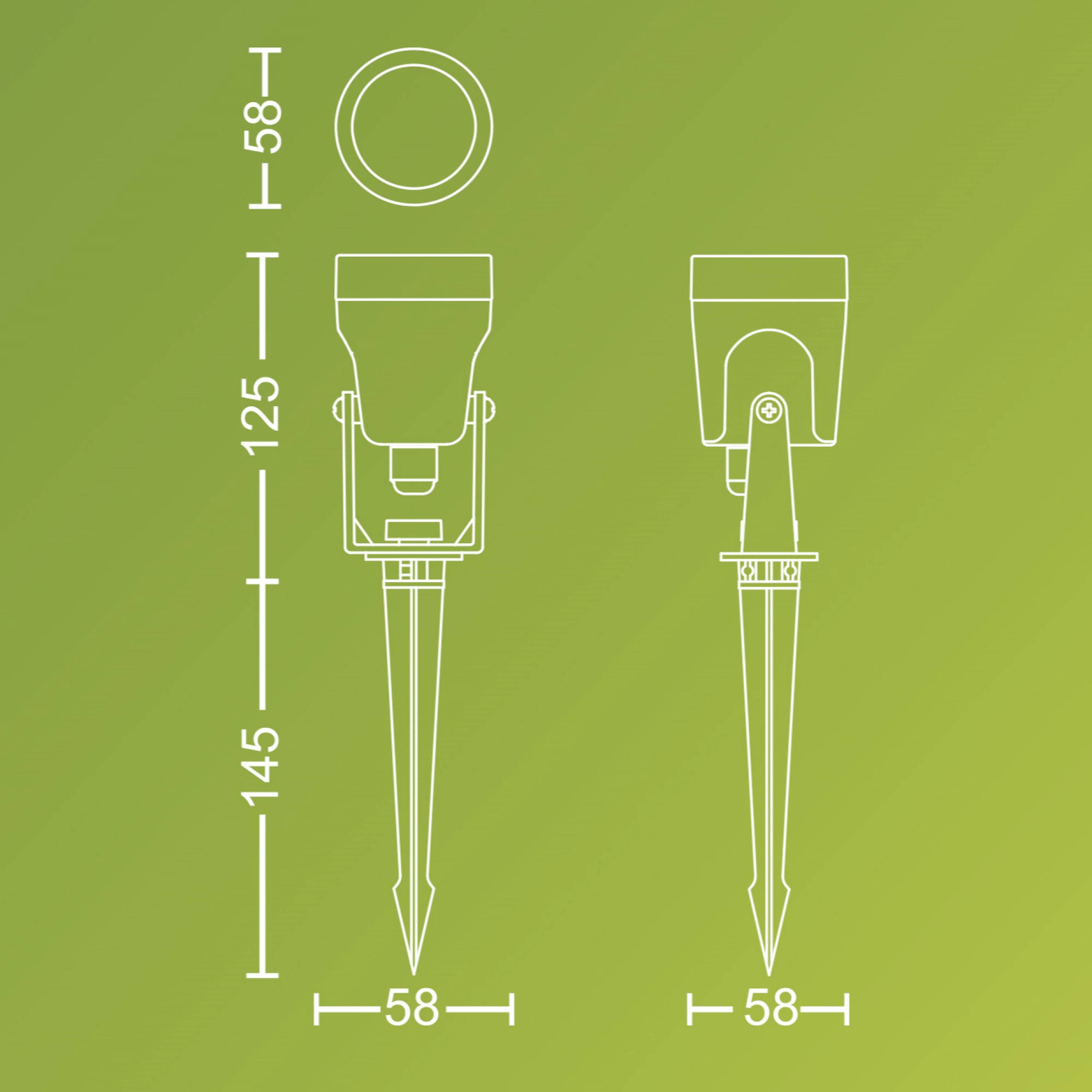 Shema vrtne lampe sa zazemljenjem. Dimenzije: visina 145 mm, širina 58 mm. Detaljni prikaz glave, cjeloviti prikaz i mjera podnožja.