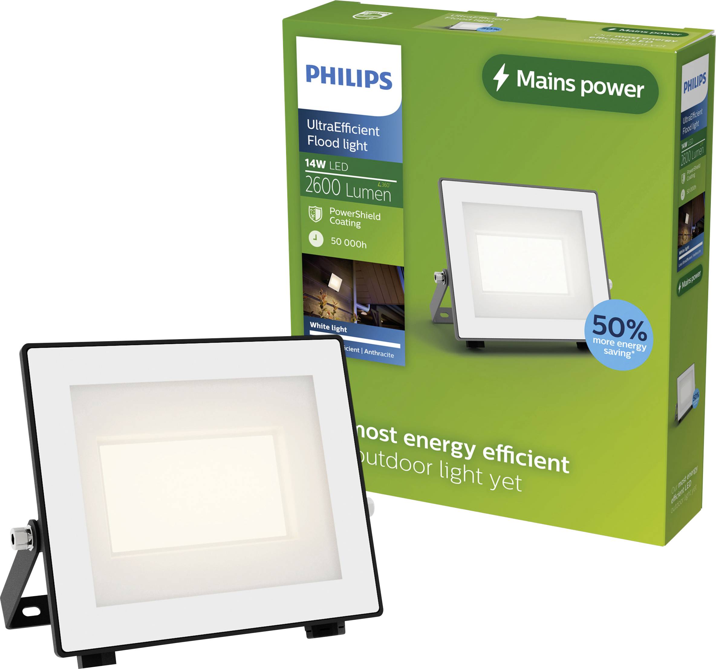 Philips UltraEfficient LED reflektorska svjetiljka i njeno zeleno pakiranje, označeno sa 14W, 2600 lumena, mrežna struja, i 50% više energetske uštede.