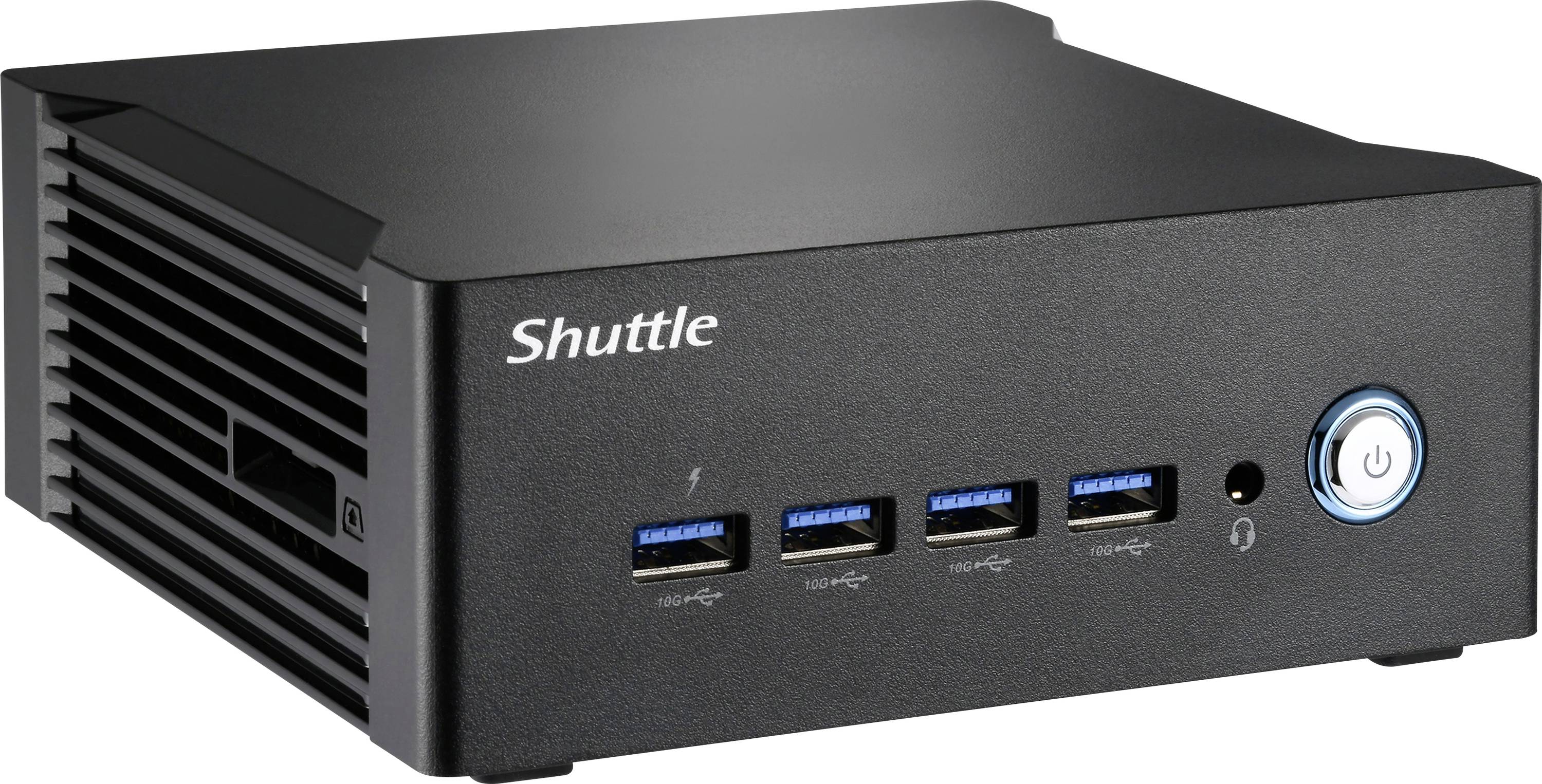 Crni mini-PC s četiri USB priključka na prednjoj strani, prema logotip brenda Shuttle, pogodan za kompaktna radna rješenja.