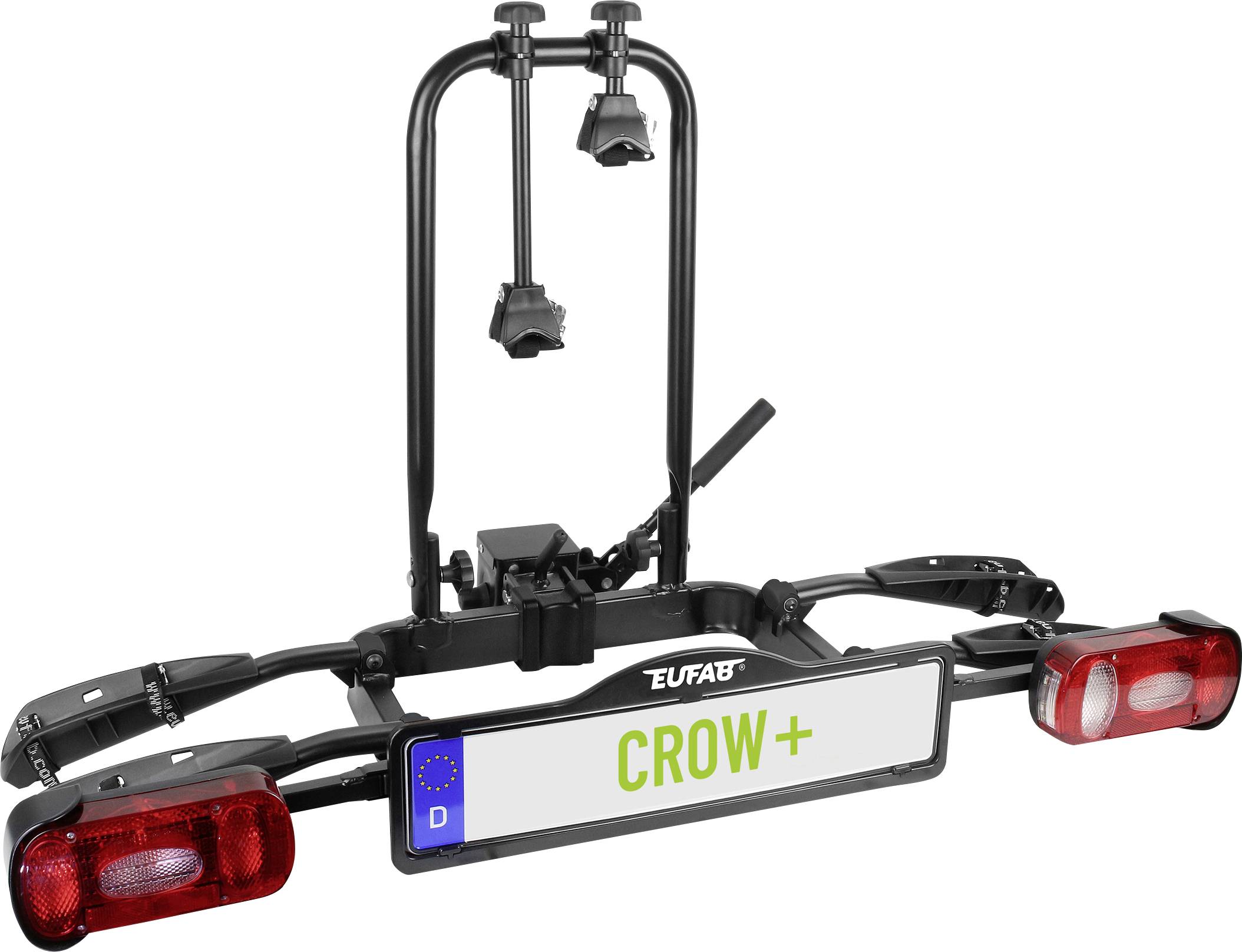 Nosač bicikala 'CROW+' od EUFAB-a za osobne automobile, montiran na kuku za prikolicu, sa stražnjim svjetlima. Prikladan za transport bicikala.