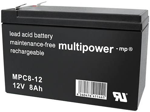 Crna olovno-kiselinska baterija s natpisom 'lead acid battery, maintenance-free, multipower, rechargeable, MPC8-12, 12V 8Ah'.