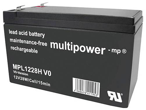 Crna olovnokiselinska baterija tvrtke Multipower, s natpisom "ne zahtijeva održavanje, punjiva, 12V 28W/ćelija/15min".