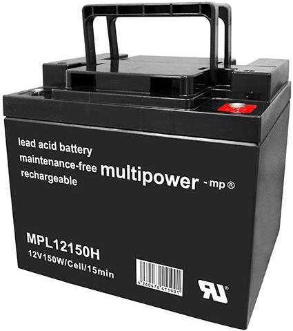 Crna olovno-kiselinska baterija, bez potrebe održavanja, punjiva. Model 'MPL12150H', 12V 150W.