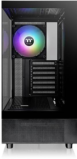 Crno kućište računala s prozirnom bočnom stranom. Unutra veliki ventilator s RGB osvjetljenjem smješten na gornjem stražnjem dijelu.