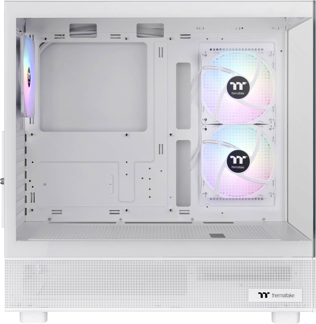 Bijeli računalni okvir s prozirnom bočnom stranom prikazuje dva ventilatora za hlađenje s RGB osvjetljenjem, vidljiv je logo marke 'Thermaltake'.