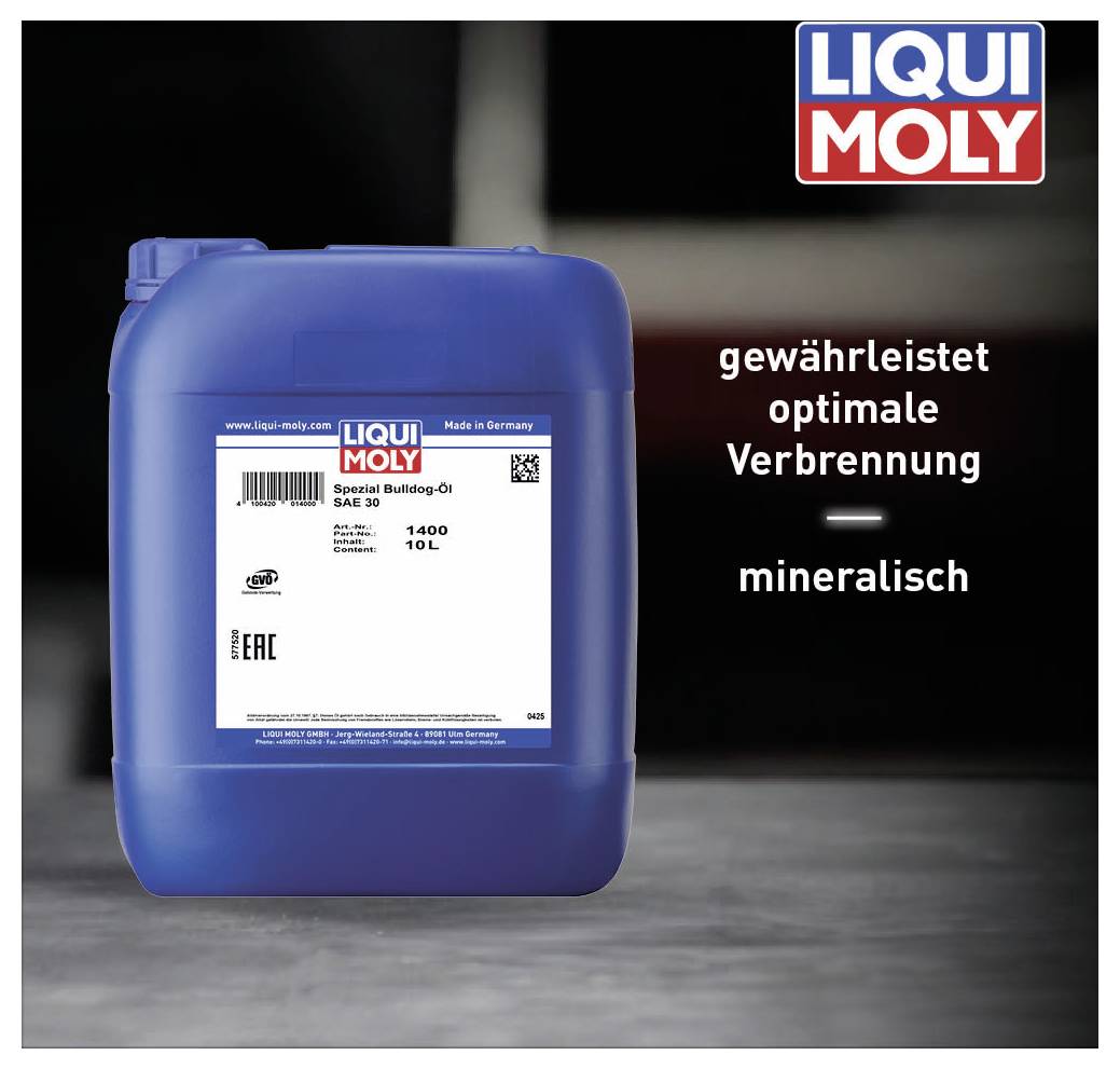Plavi kanistar s logotipom 'LIQUI MOLY'. Tekst: 'jamči optimalnu izgaranje - mineralno'. 10L specijalno ulje za kotao.