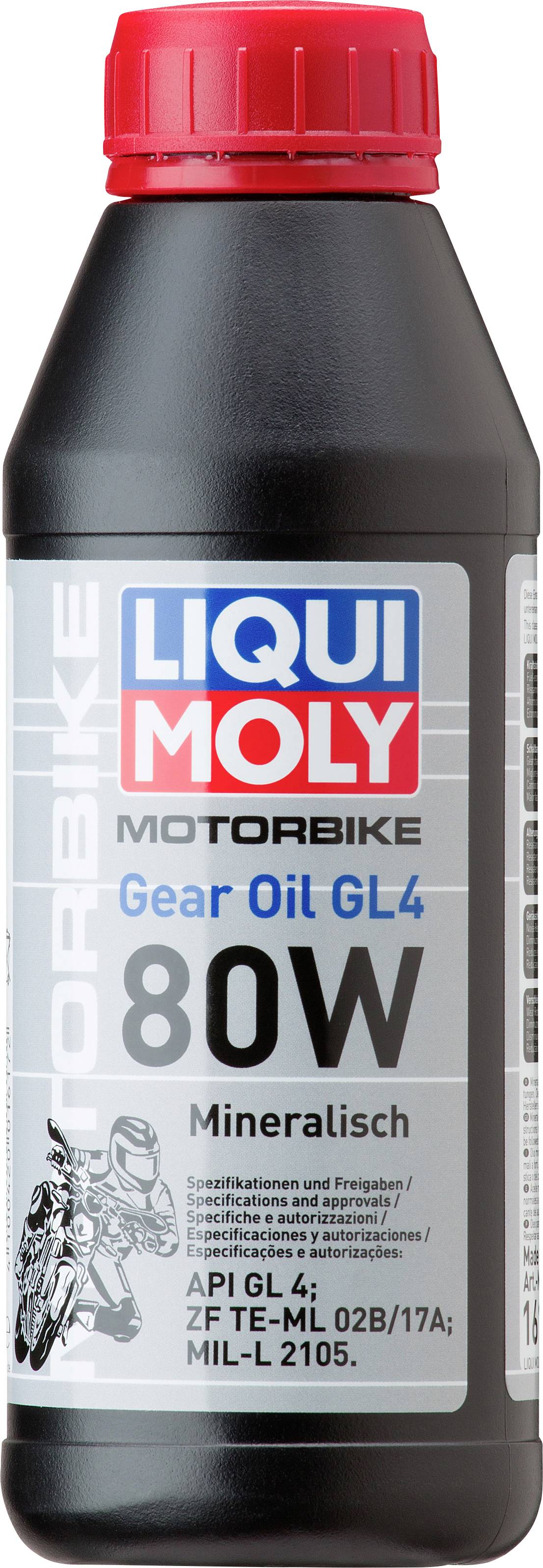 Crna boca Liqui Moly motociklističkog ulja za mjenjač GL4 80W, pogodan za motocikle, mineralnog tipa, s sigurnosnim zatvaračem.