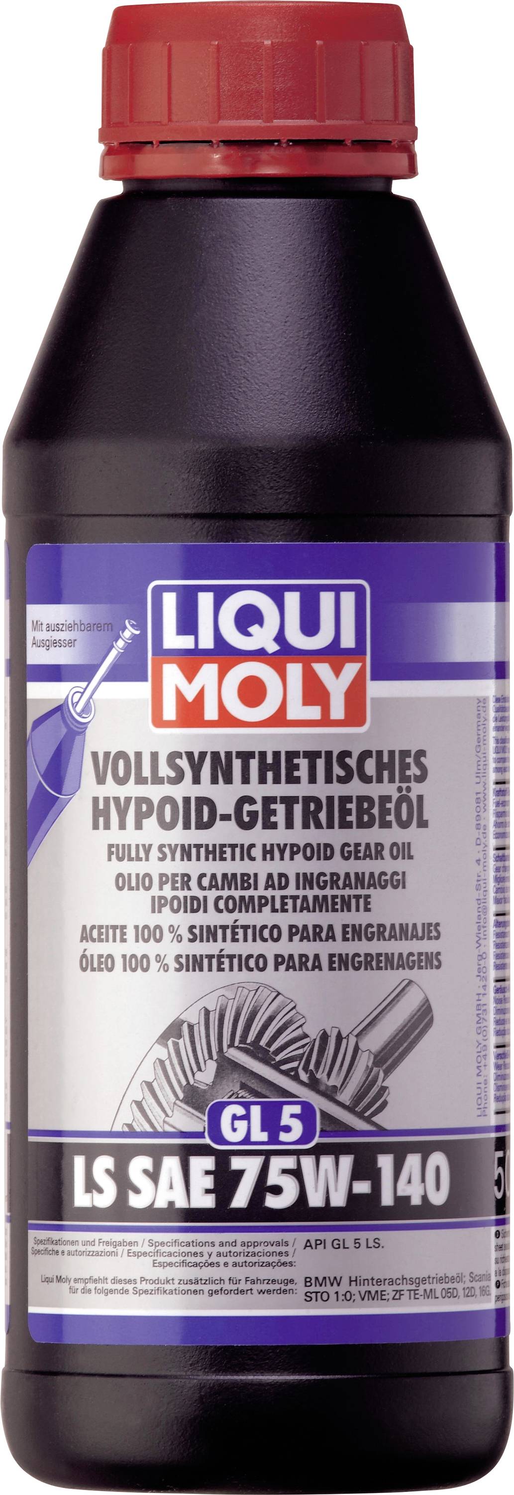 Boca Liqui Moly potpuno sintetičkog hipoidnog ulja za prijenos SAE 75W-140 za različite prijenosne sklopove vozila.