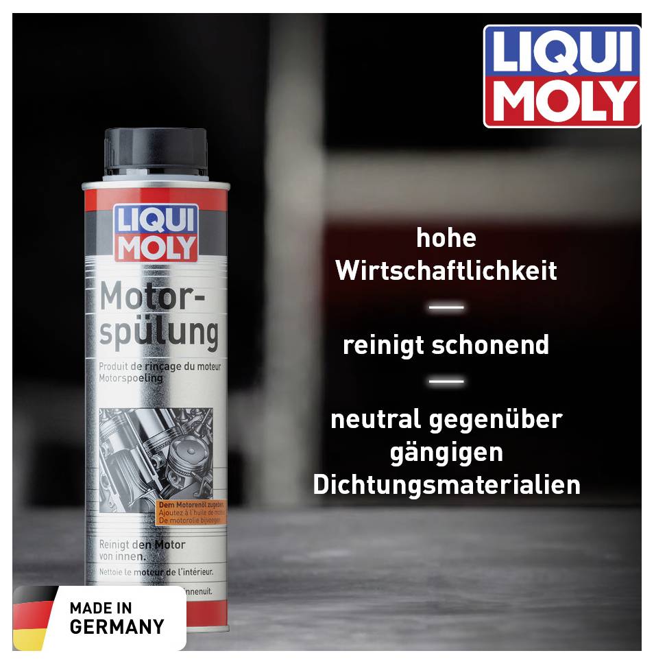 Slika prikazuje dozu 'Liqui Moly Motorspülung' s karakteristikama: visoka ekonomičnost, nježno čišćenje, neutralno prema materijalima za brtvljenje. Lijevo pored toga je logo 'Made in Germany'.