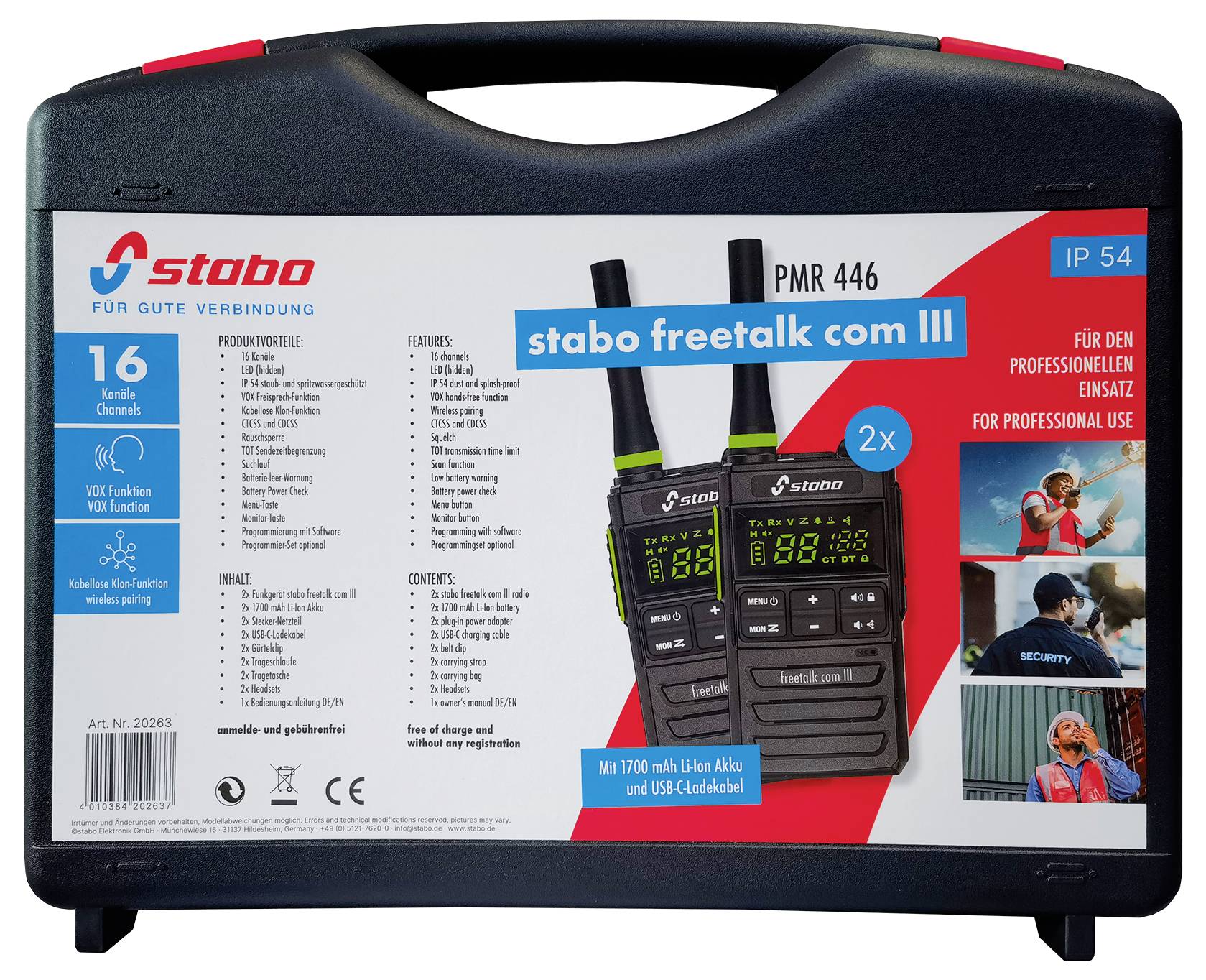 Crni kofer sa slikom dva radio uređaja i tekstom 'stabo freetalk com III'. Detalji o specifikacijama i upotrebi proizvoda.
