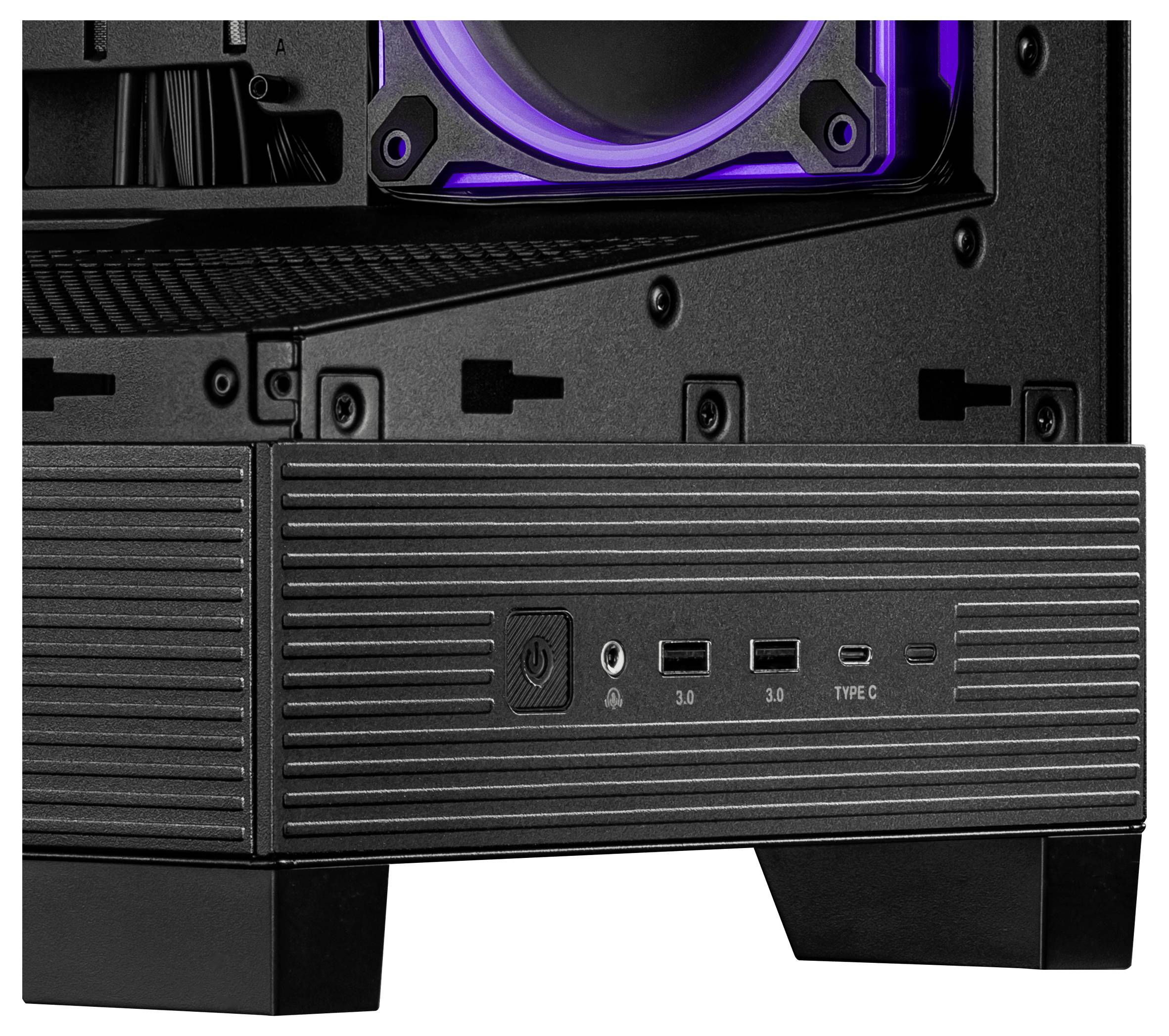 'Dio kućišta računala s USB priključcima, tipkom za uključivanje/isključivanje i ljubičastom LED lampom unutar. Mat crna površina s utorima.'