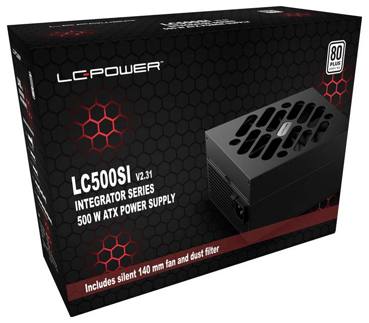 LC500SI V2.31 Integrator Series 500-W-ATX napajanje od LC Power, prikazuje 80 Plus učinkovitost, tihi 140-mm ventilator.