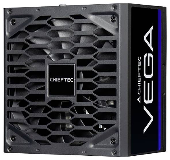 Chieftec Vega napajanje s rešetkom ventilatora i plavom bočnom oznakom. Pogodno za napajanje računalnih kućišta.