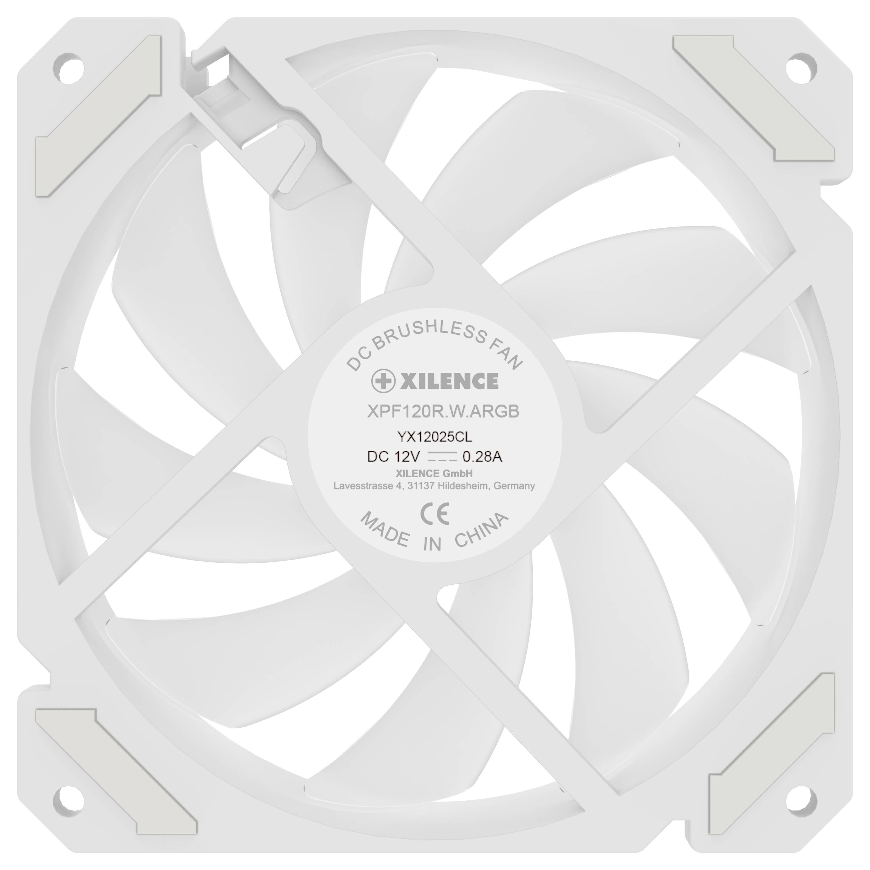 Bijeli računalni ventilator s osam krila, model 'XPF120.R.W.ARGB' od Xilence-a. Napon: 12V, struja: 0,28A. Proizveden u Kini.
