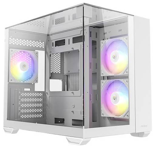 Bijelo kućište računala s prozirnom bočnom stranicom otkriva unutarnje komponente. Dva ventilatora svijetle RGB bojama.