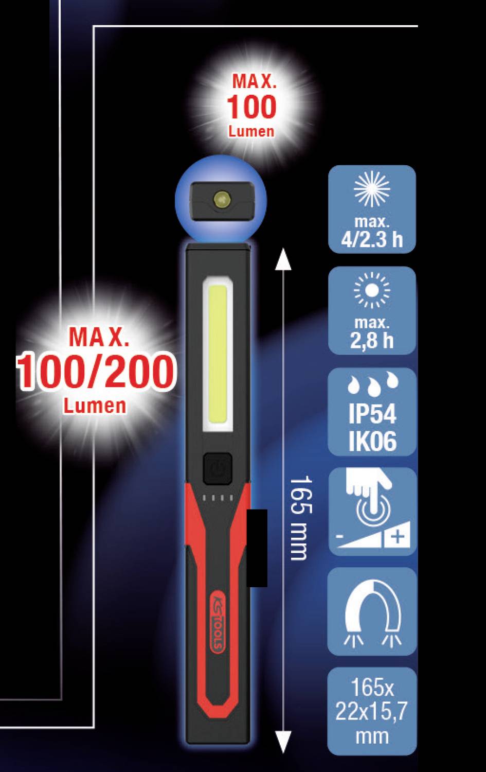 Prijenosni uređaj za osvjetljenje s maksimalnom svjetlinom od 100/200 lumena, IP54 zaštitom, visine 165 mm. Različiti načini rada, uključujući maksimalno vrijeme trajanja od 47,3 sata.