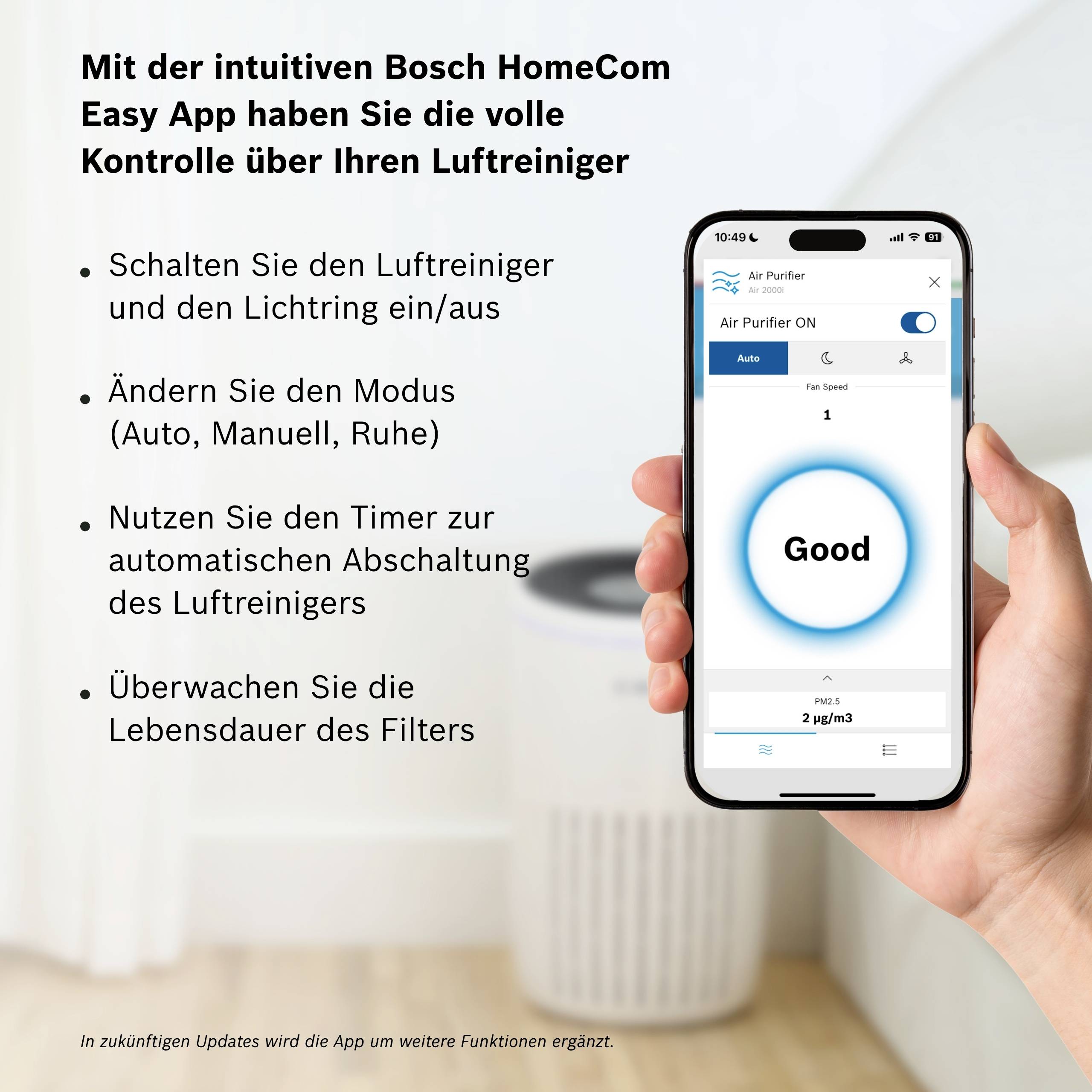 Aplikacija 'Bosch HomeCom Easy' prikazuje postavke pročišćivača zraka na pametnom telefonu, uključujući tajmer i vijek trajanja filtra.