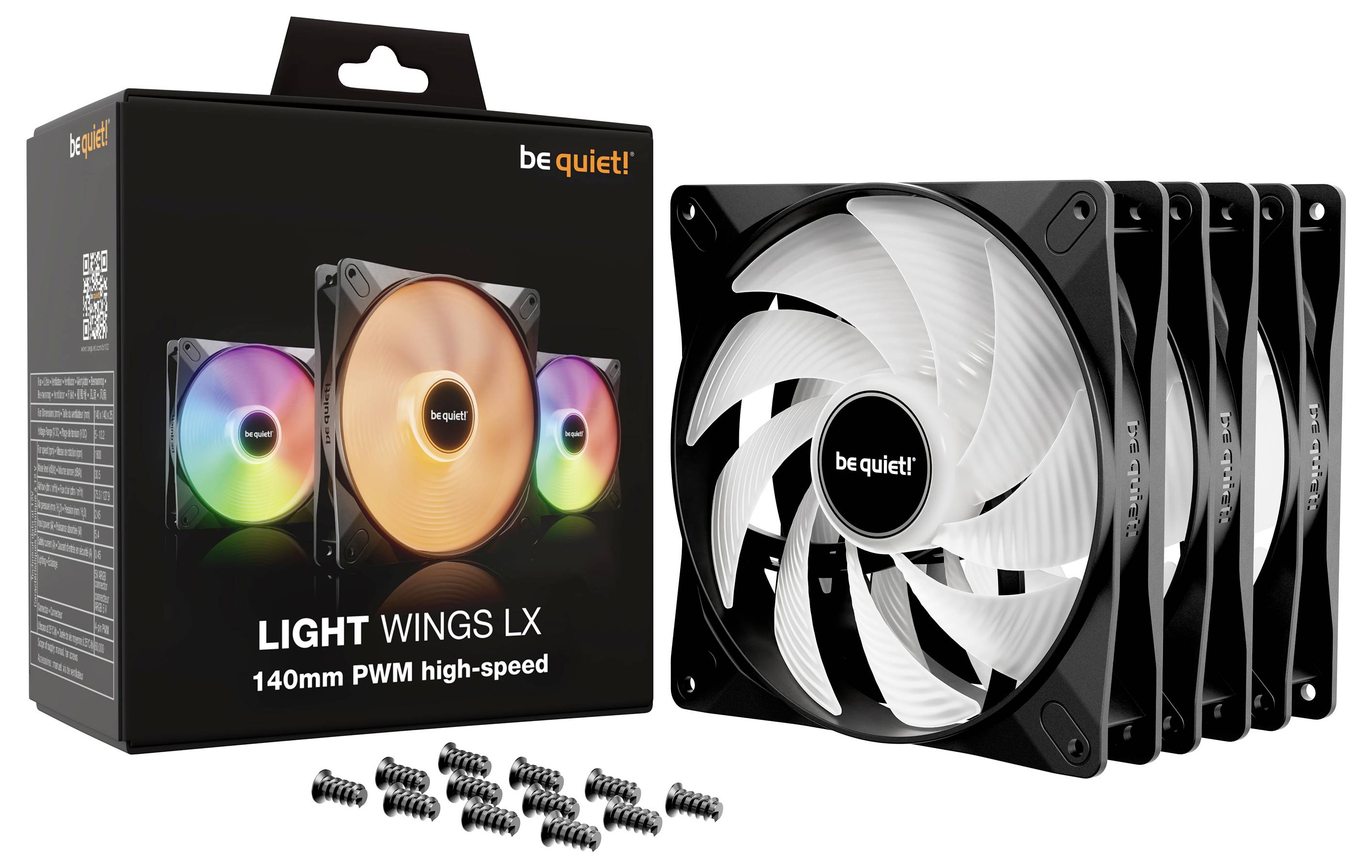 Pakiranja i tri PC ventilatora 'be quiet! Light Wings LX 140mm PWM high-speed', tri ventilatora postavljena jedan do drugog, svjetlo prikazuje boje duge.
