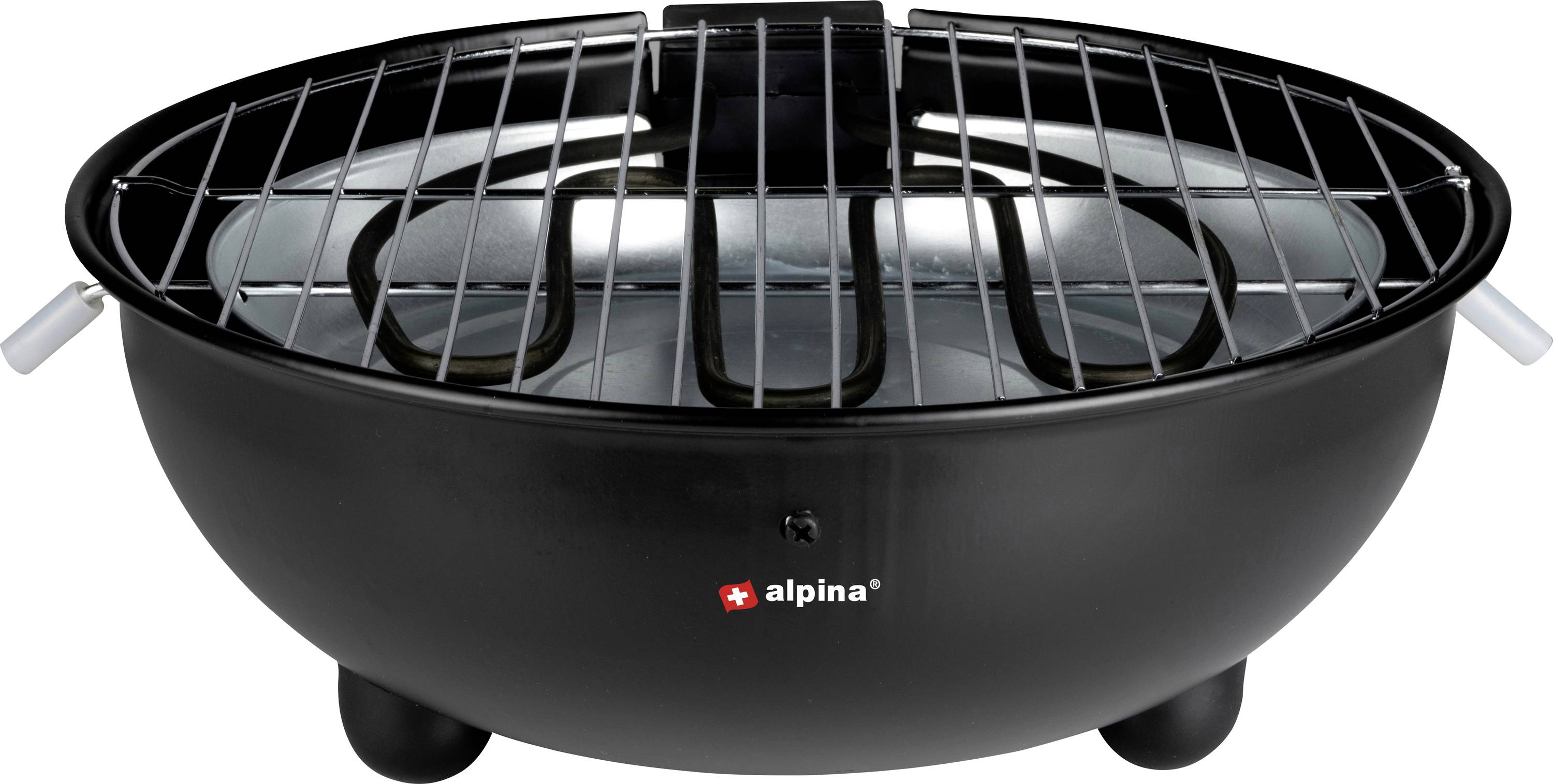 Crni okrugli stolni roštilj marke Alpina s rešetkom i tri kratke nogice, pogodan za kuhanje na otvorenom.