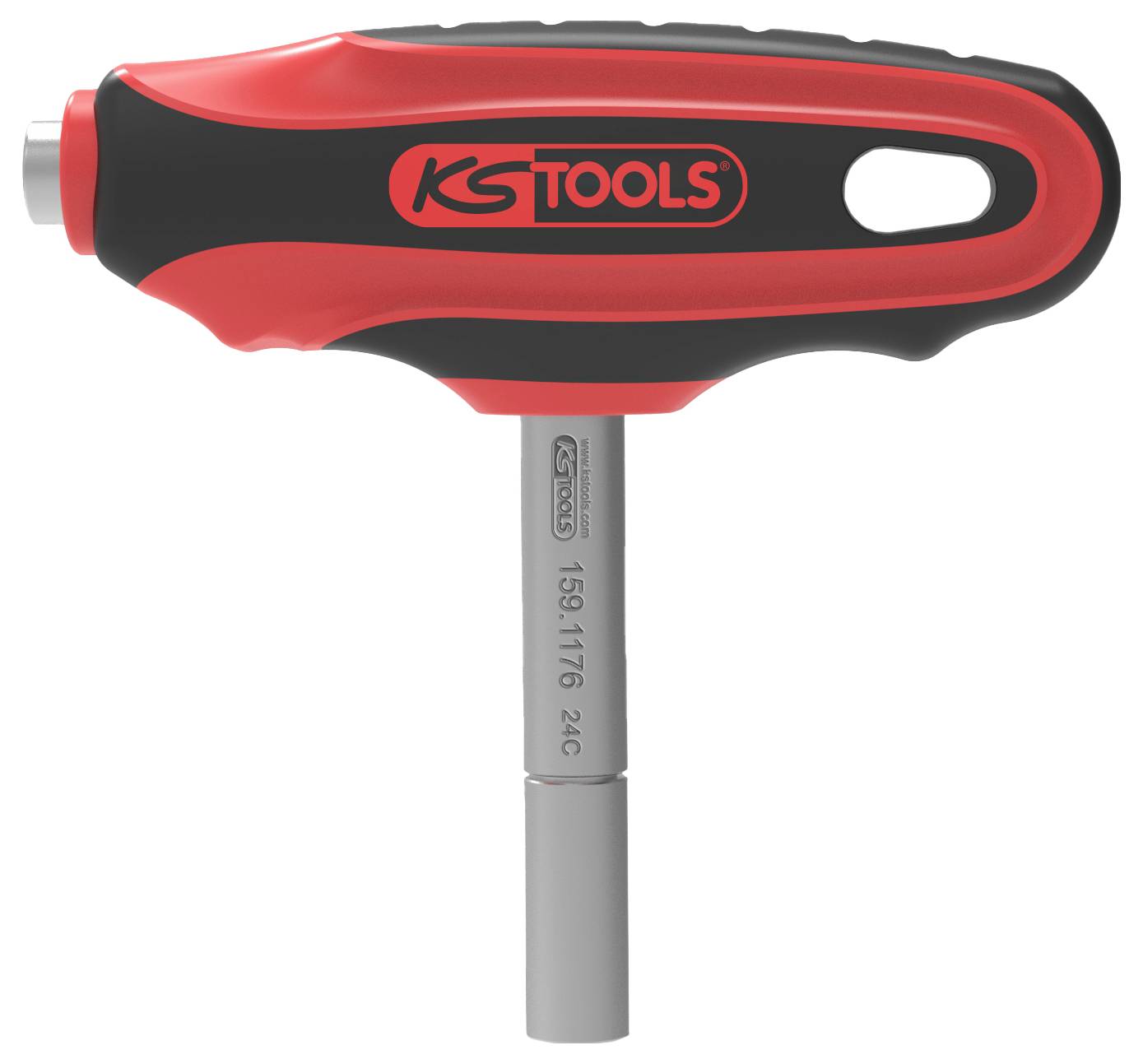 Crvena drška alata s natpisom 'KS TOOLS'. Dugačak metalni čavaoStrši okomito, nalik odvrajaču.