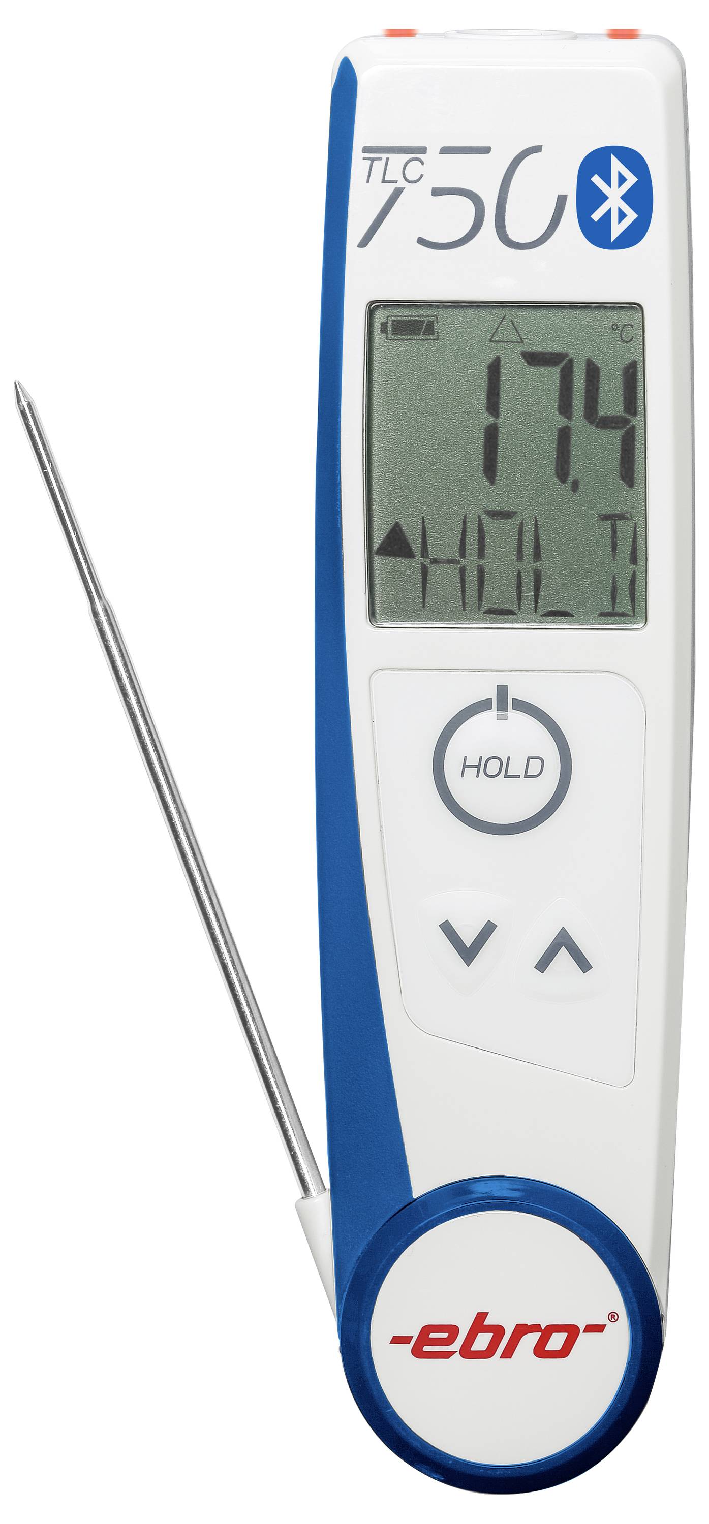 Digitalni termometar sa sondom, prikazuje temperaturu od 17,4°C, opremljen Bluetooth tehnologijom, pogodan za precizna mjerenja.