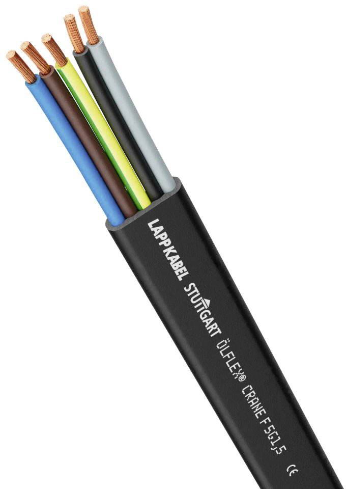 Profilna slika višežilnog kabela s vidljivim bakrenim vodičima. Kabel je tvrtke 'LAPP KABEL' iz Stuttgarta i nosi oznaku 'ÖLFLEX® CRANE F5 1.5'.