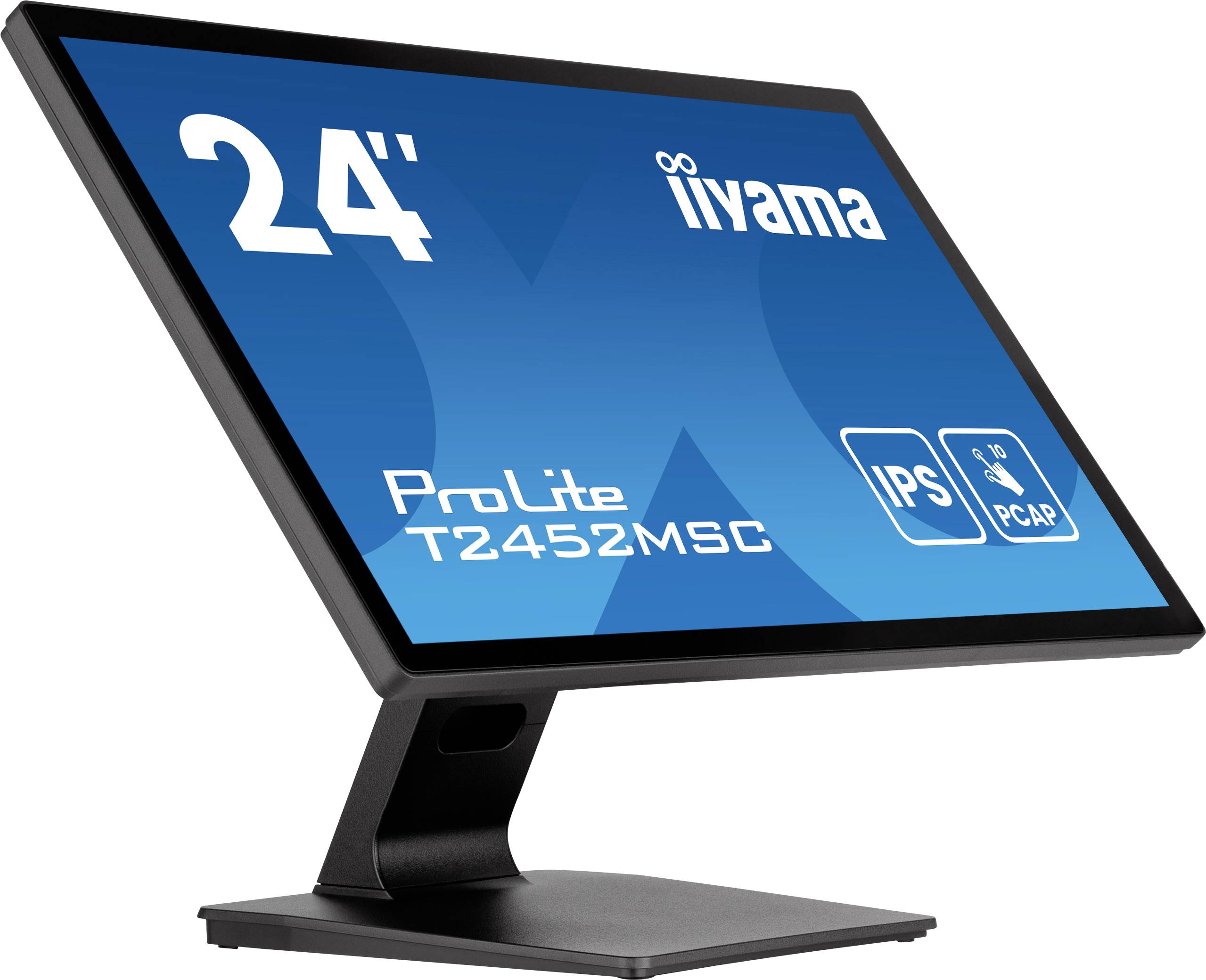 Crni monitor, blago nakošen iz bočne perspektive. Na zaslonu piše '24"' i 'ProLite T2452MSC'.