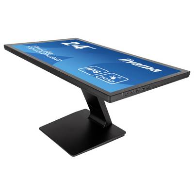Monitor s 24-inčnim zaslonom, postavljen je ukoso na crnoj stalnoj bazi. Vidljivi su detalji IPS tehnologije i mogućnosti dodirnog zaslona.