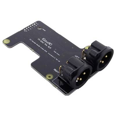 Crna tiskana ploča s dva XLR priključka, označena natpisima 'lijevo' i 'desno'. Gore piše: 'IQaudio Pi-DAC Pro XLR PCB Design GPIO 2015'.