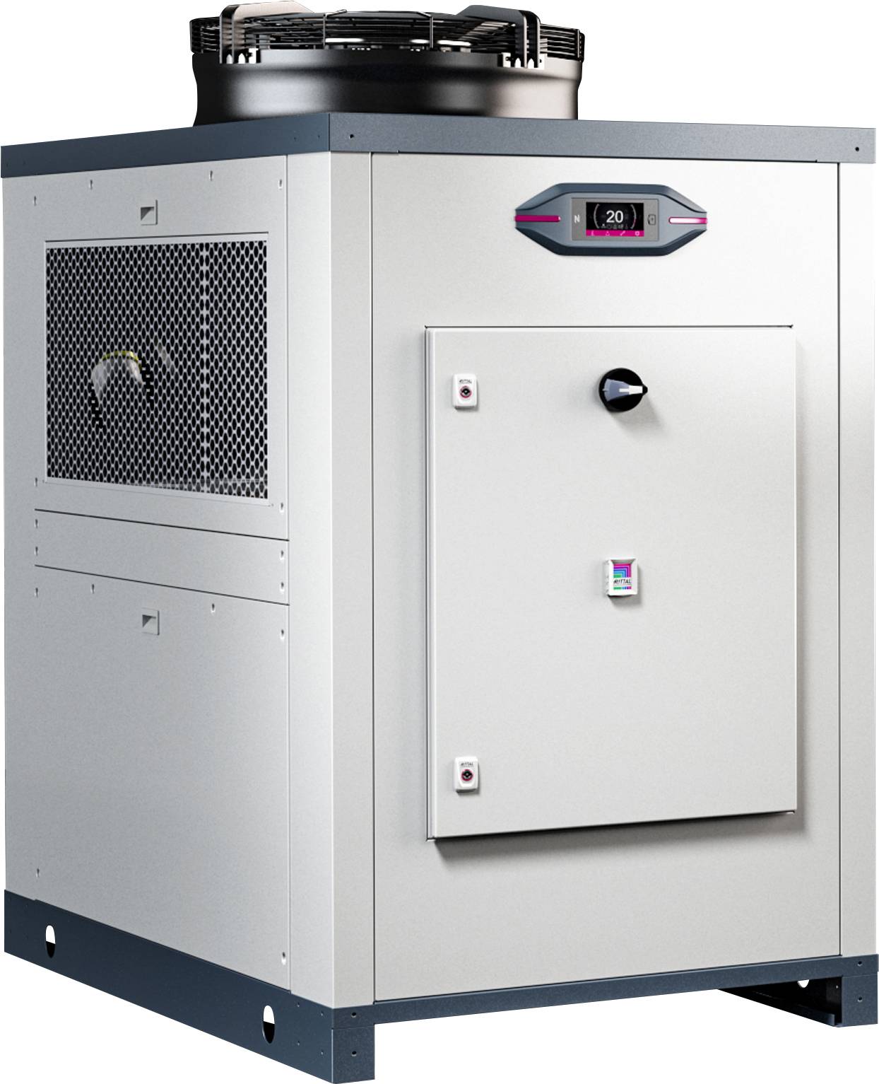 Industrijski hladnjak s digitalnim zaslonom na prednjoj strani, prikazuje temperaturu '20'. Ventilator gore, rešetka sa strane.