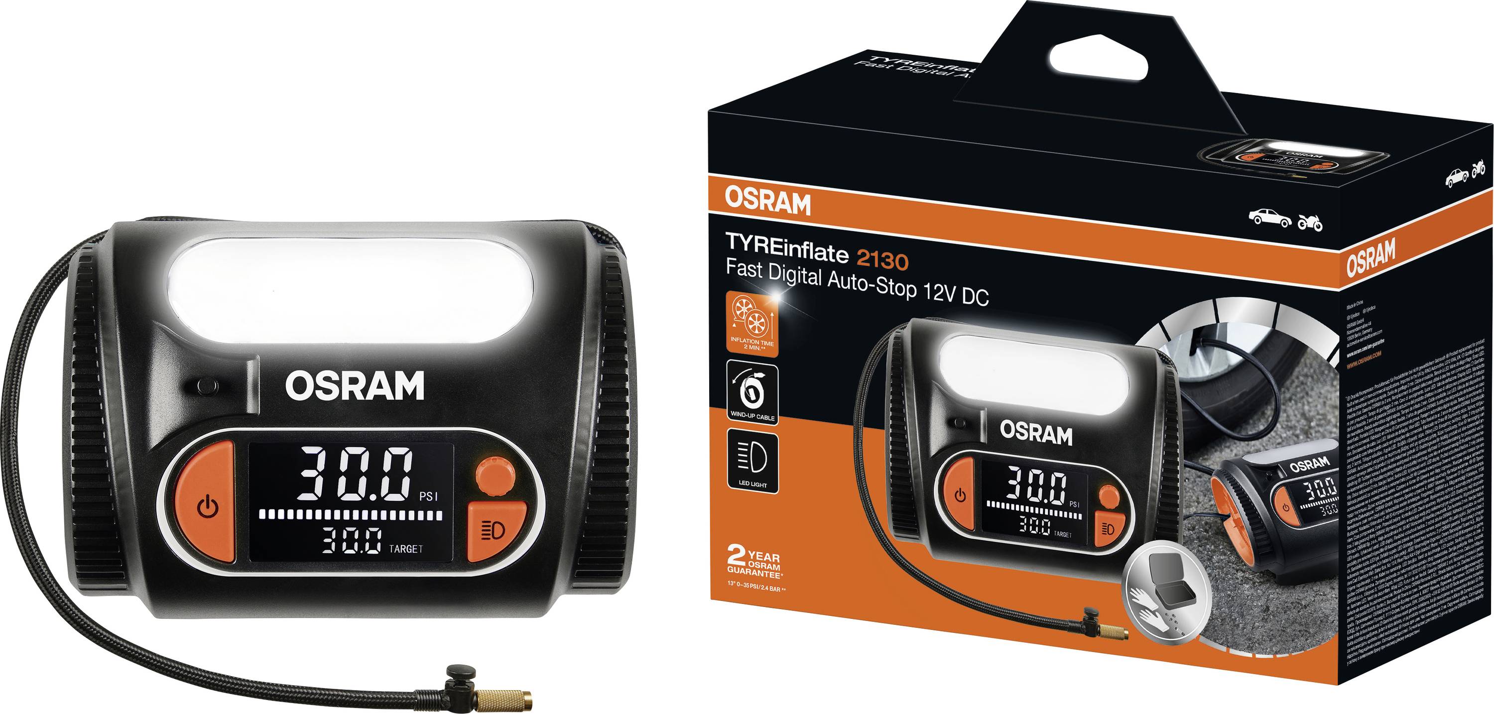 Osram gumna pumpa 'TYREinflate 2130', brzi digitalni auto-stop, 12V DC, slika s pakiranjem, dizajn proizvoda.