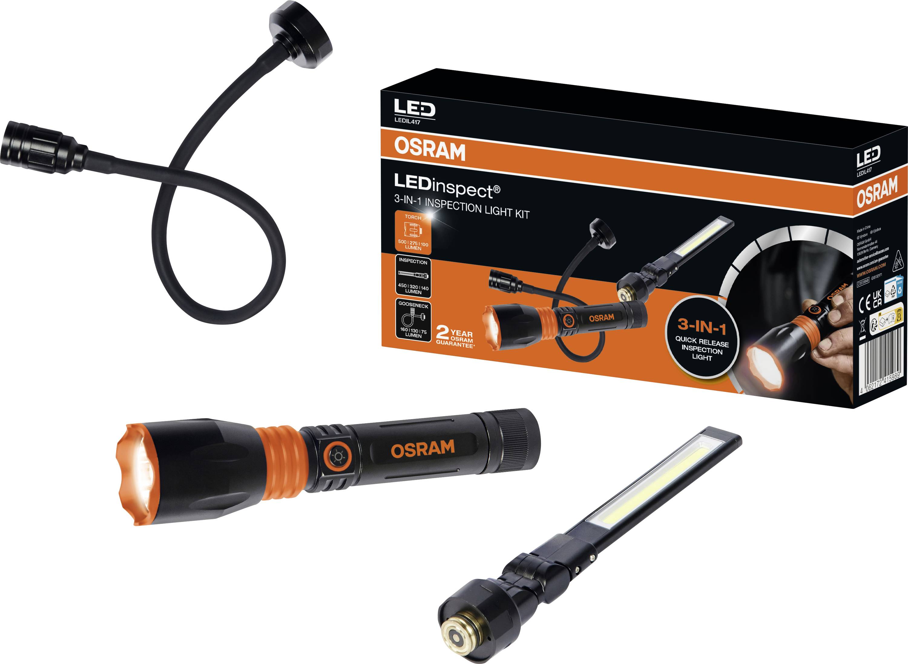 Set OSRAM LEDinspect 3-u-1 svjetala za inspekciju, koji se sastoji od džepne lampe, fleksibilne lampe i štapne lampe u pakiranju, namijenjen pregledima automobila.