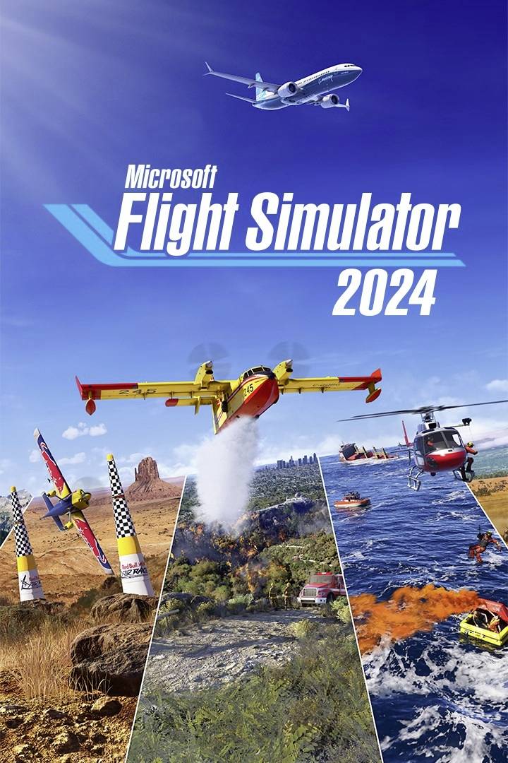 Naslovna stranica za 'Microsoft Flight Simulator 2024' prikazuje različite zrakoplove u različitim scenarijima, primjerice akcije spašavanja i akrobatske letove.