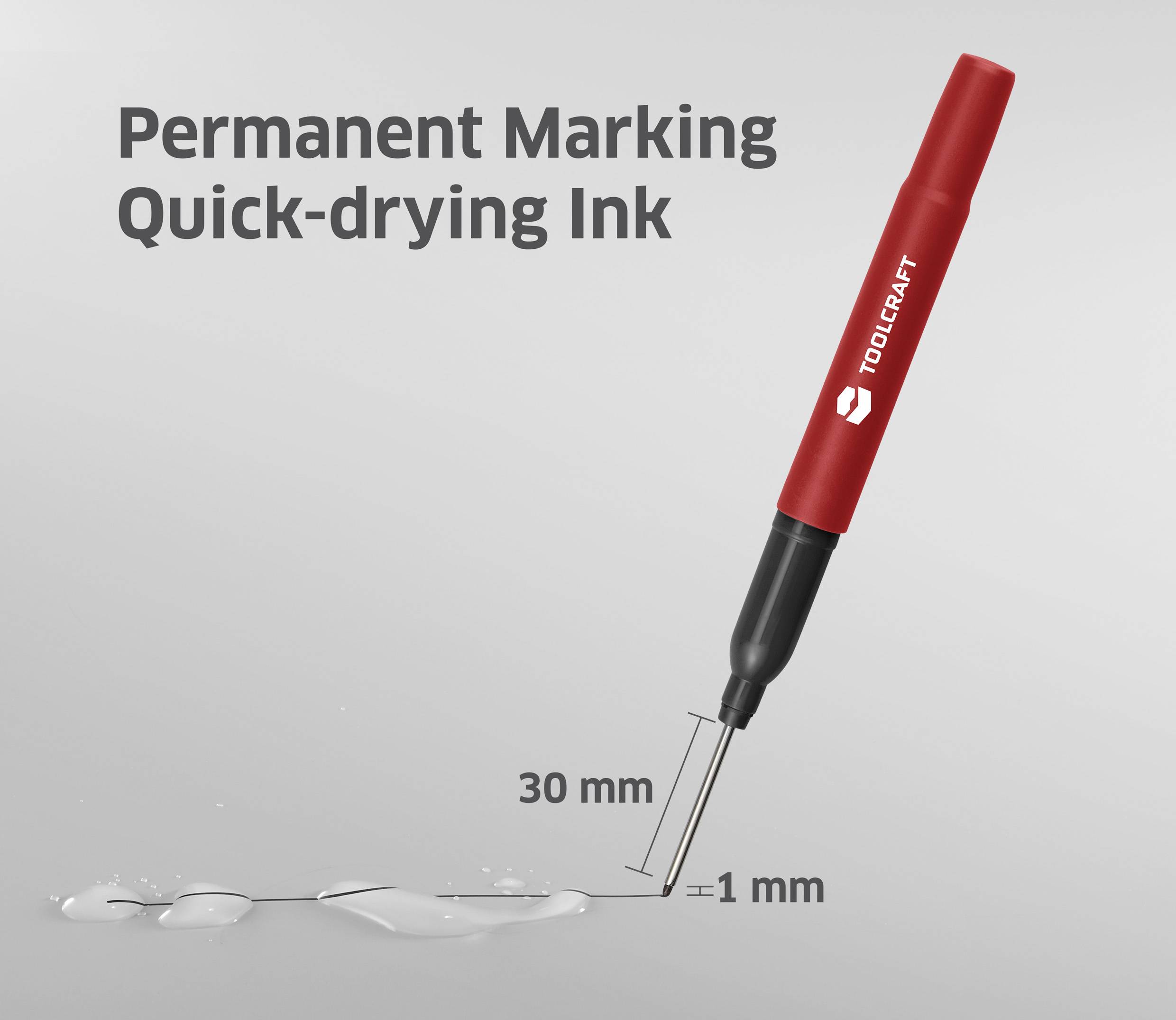 Crveni marker s natpisom 'TOOLCRAFT'. Oznaka pokazuje 'Trajno označavanje, brzo sušivi tinta'. Vrh: 1 mm, duljina: 30 mm.