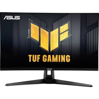 Gaming monitor sa crnim kućištem i žutim logotipom u sredini. Gore lijevo piše 'ASUS', a ispod toga 'TUF Gaming' u žutoj boji.