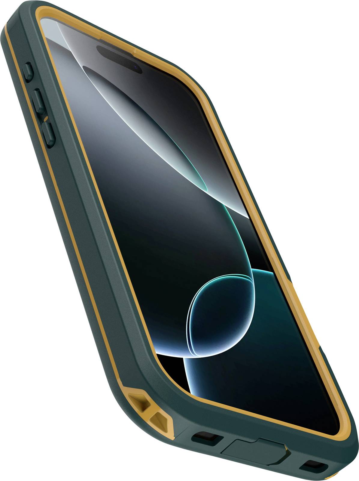Pametni telefon u čvrstom zaštitnom kućištu, tamnozelene boje sa narančastim rubovima, prikazuje sjajni zaslon s minimalističkom pozadinom.
