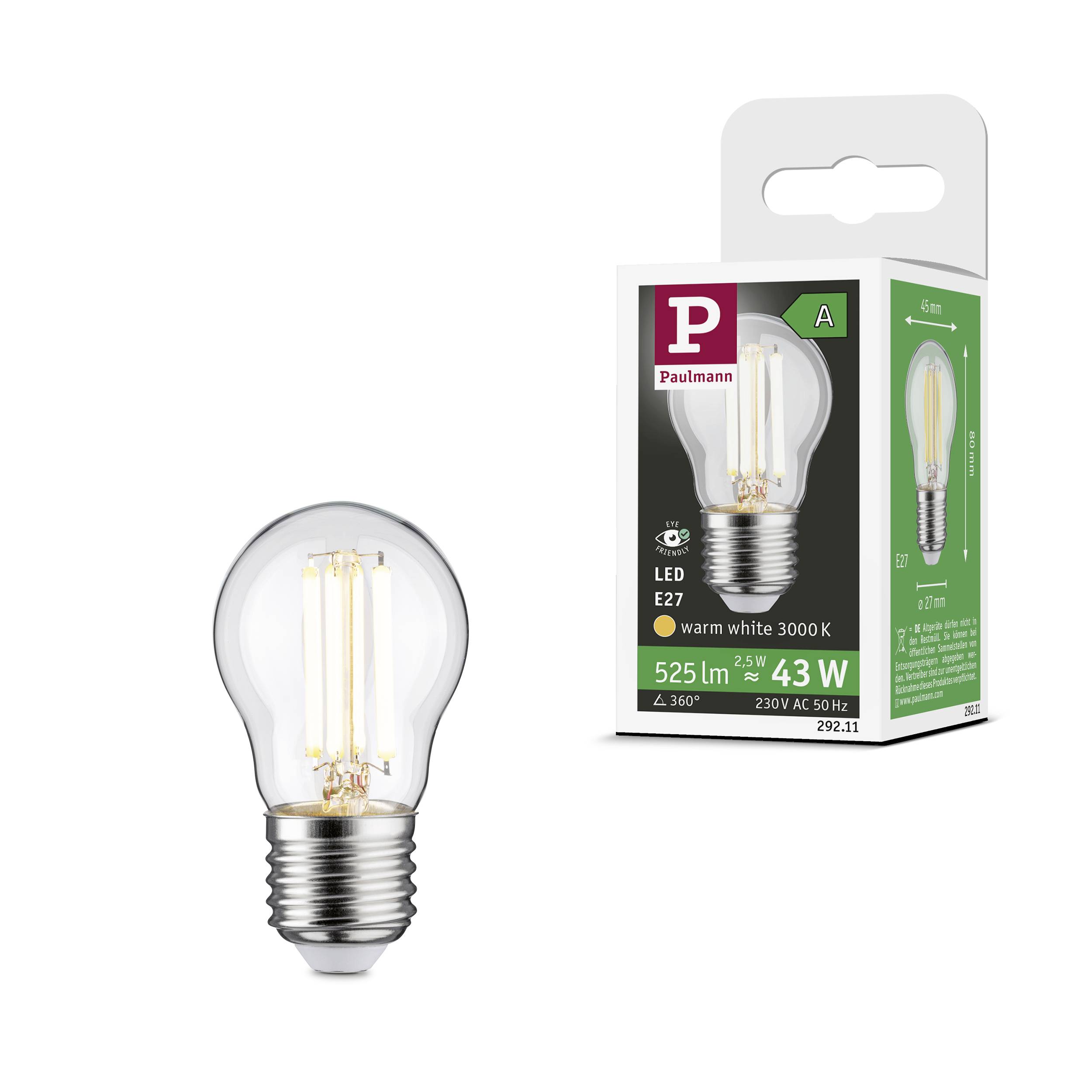 LED žarulja pored svoje ambalaže koja prikazuje informacije poput 525 lumena, 43 watta i toplo bijele boje svjetla (3000 K).