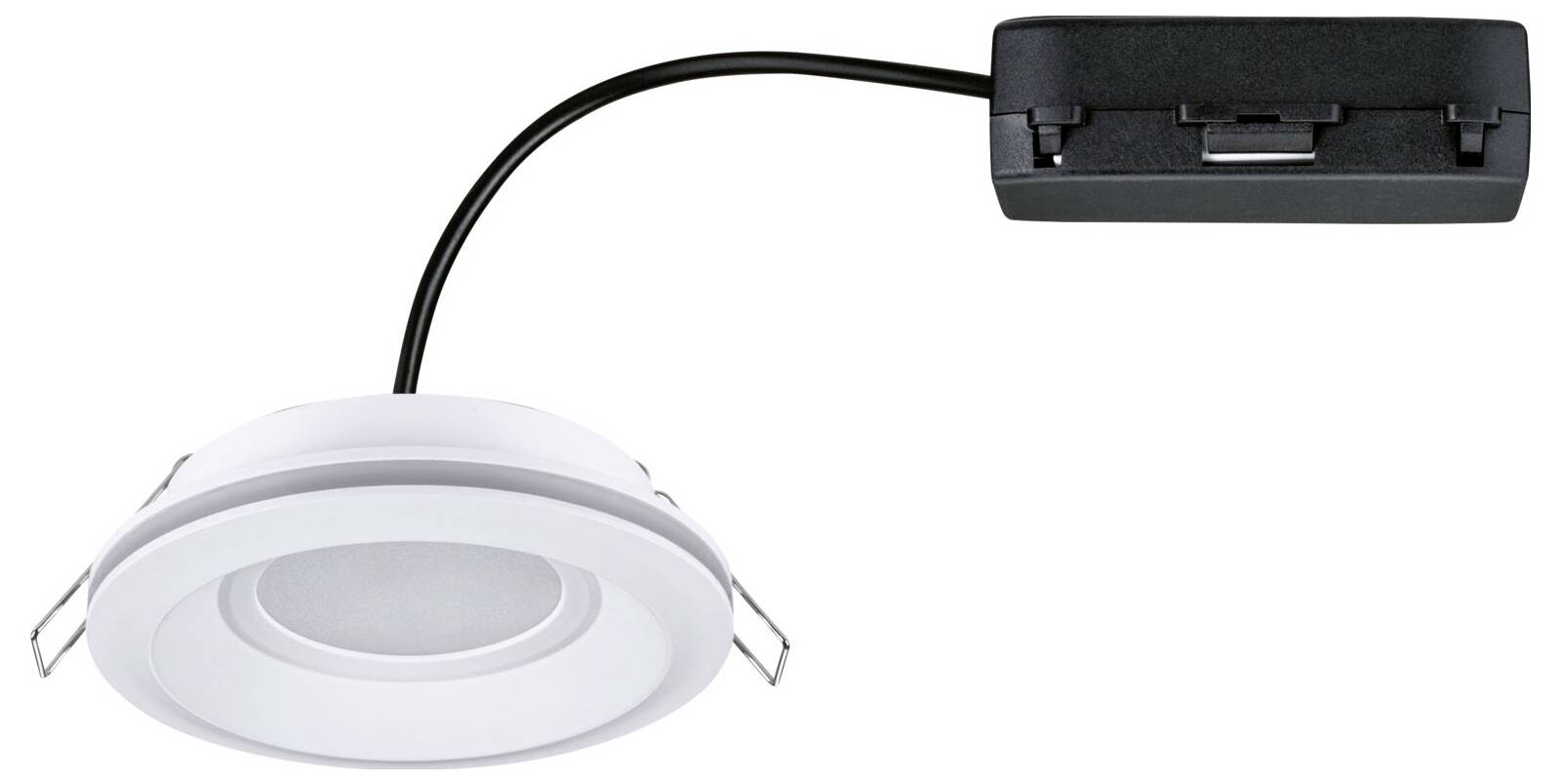 LED stropna ugradbena svjetiljka s okvirom okruglog, bijelog oblika, povezana crnim kabelom s pravokutnom, crnom kutijom za spajanje.