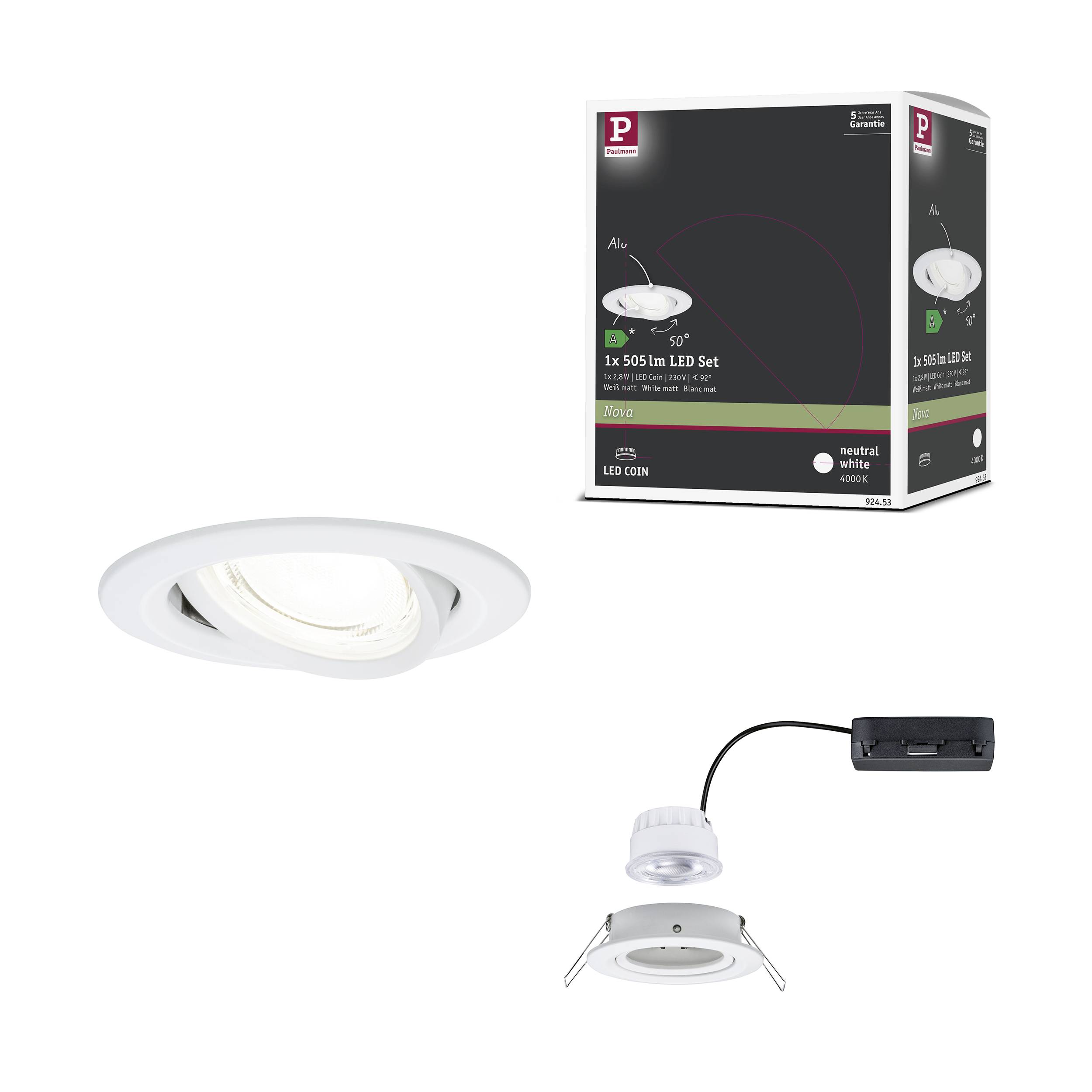 LED ugradni reflektori, set, 505 lm, neutralno bijelo, podesivi. Sadrži stropni reflektor, kutiju za spajanje i ambalažu.