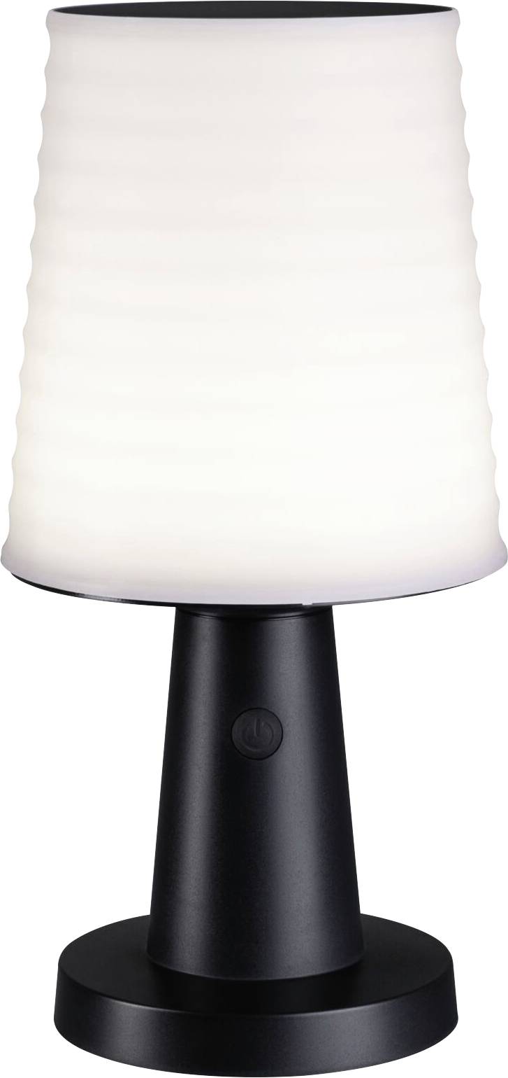 Crna stolna lampa s bijelim sjenilom koje nježno svijetli. Idealna za ugodno osvjetljenje u dnevnim prostorima.