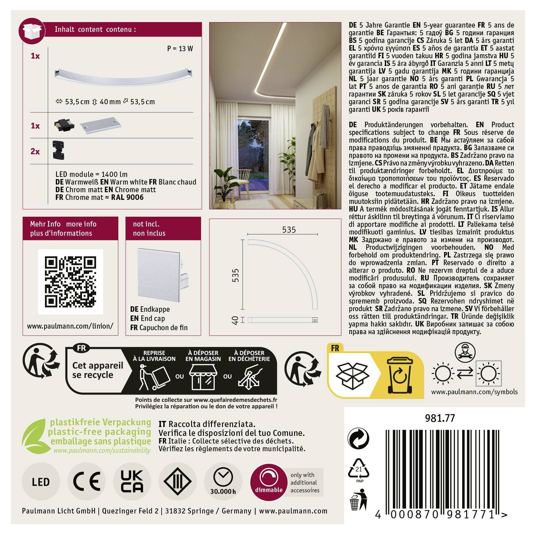 Uključeno je: LED modul, šipka, krajnja kapa. Slika prikazuje osvjetljenjsku instalaciju. Napomena o pakiranju bez plastike.