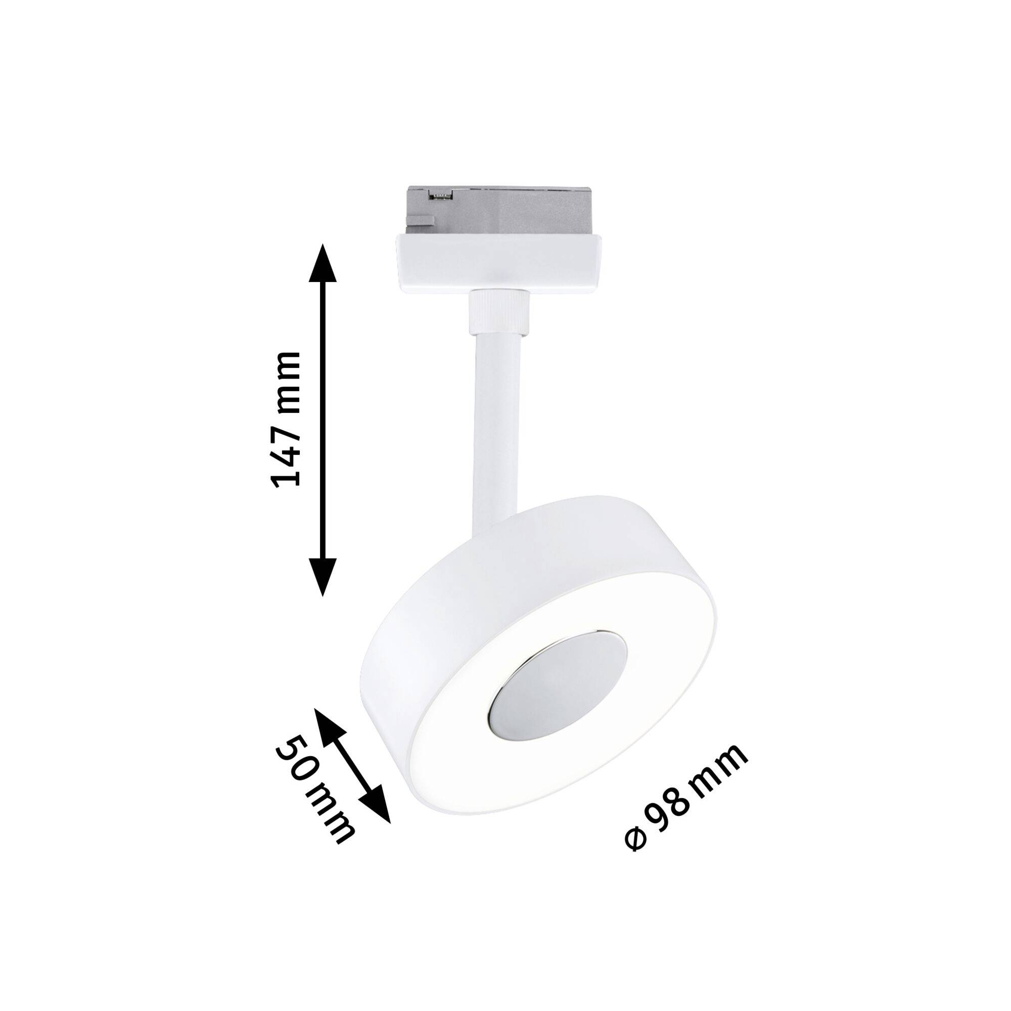 Bijela stropna lampa s okruglim, podesivim dizajnom, promjera 98 mm, visine 147 mm, udaljena 50 mm od stropa.