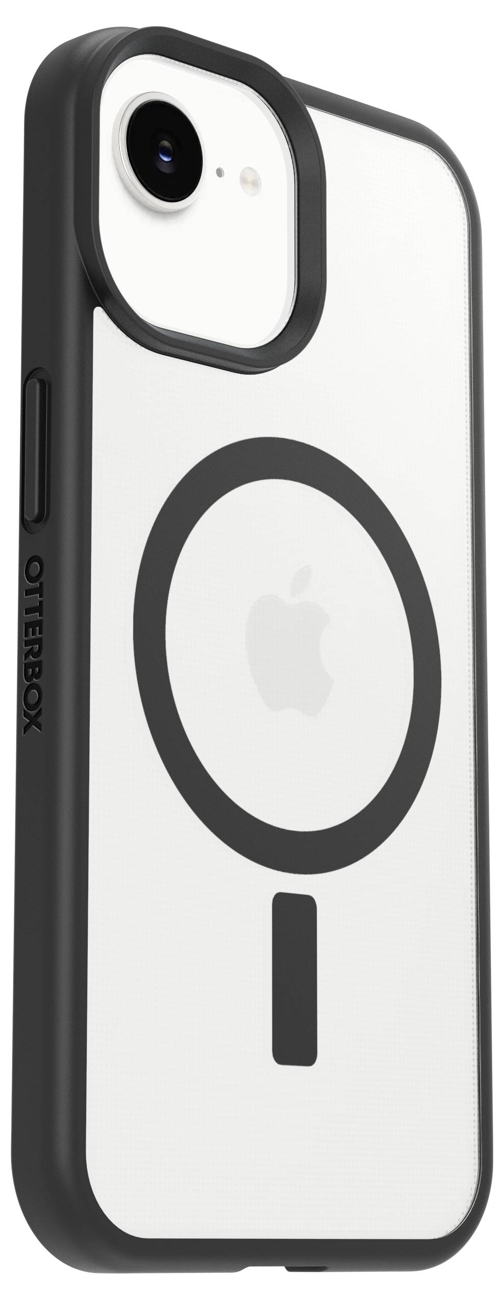 Crna OtterBox futrola za telefon s velikim MagSafe prstenom za punjenje i označenom centriranom linijom poravnanja, prikazana na bijelu iPhone-u s poleđine.