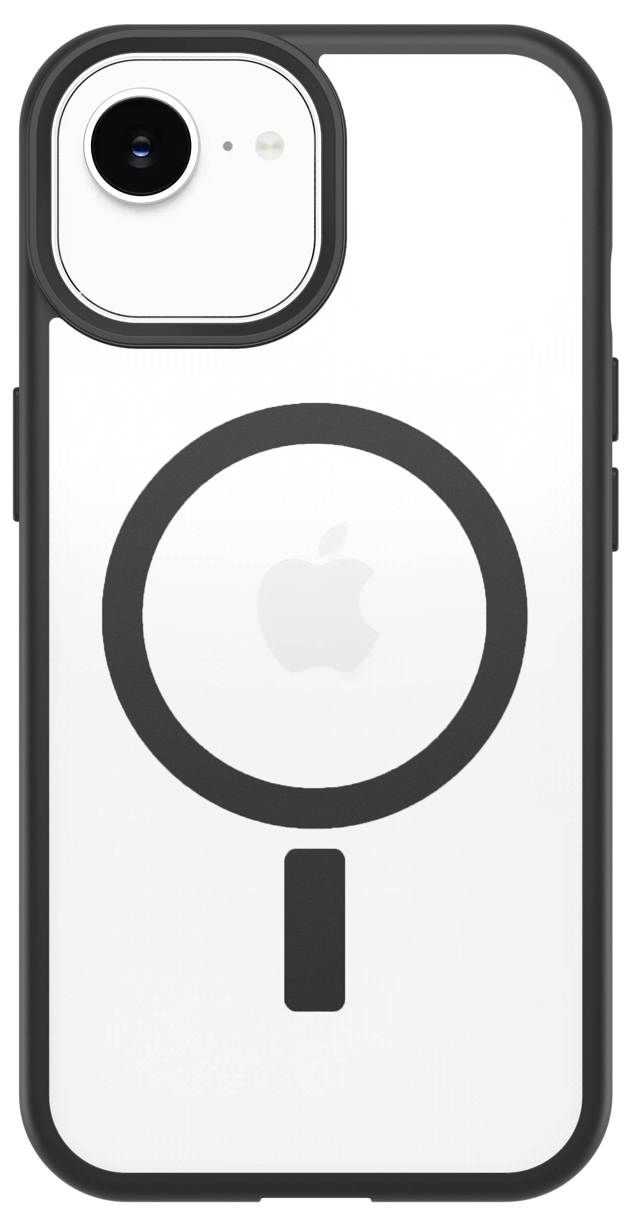 Bijeli futrola za iPhone s crnim MagSafe prstenom i oznakom za poravnanje na dnu, prikazan od sprijeda s izrezom za kameru.