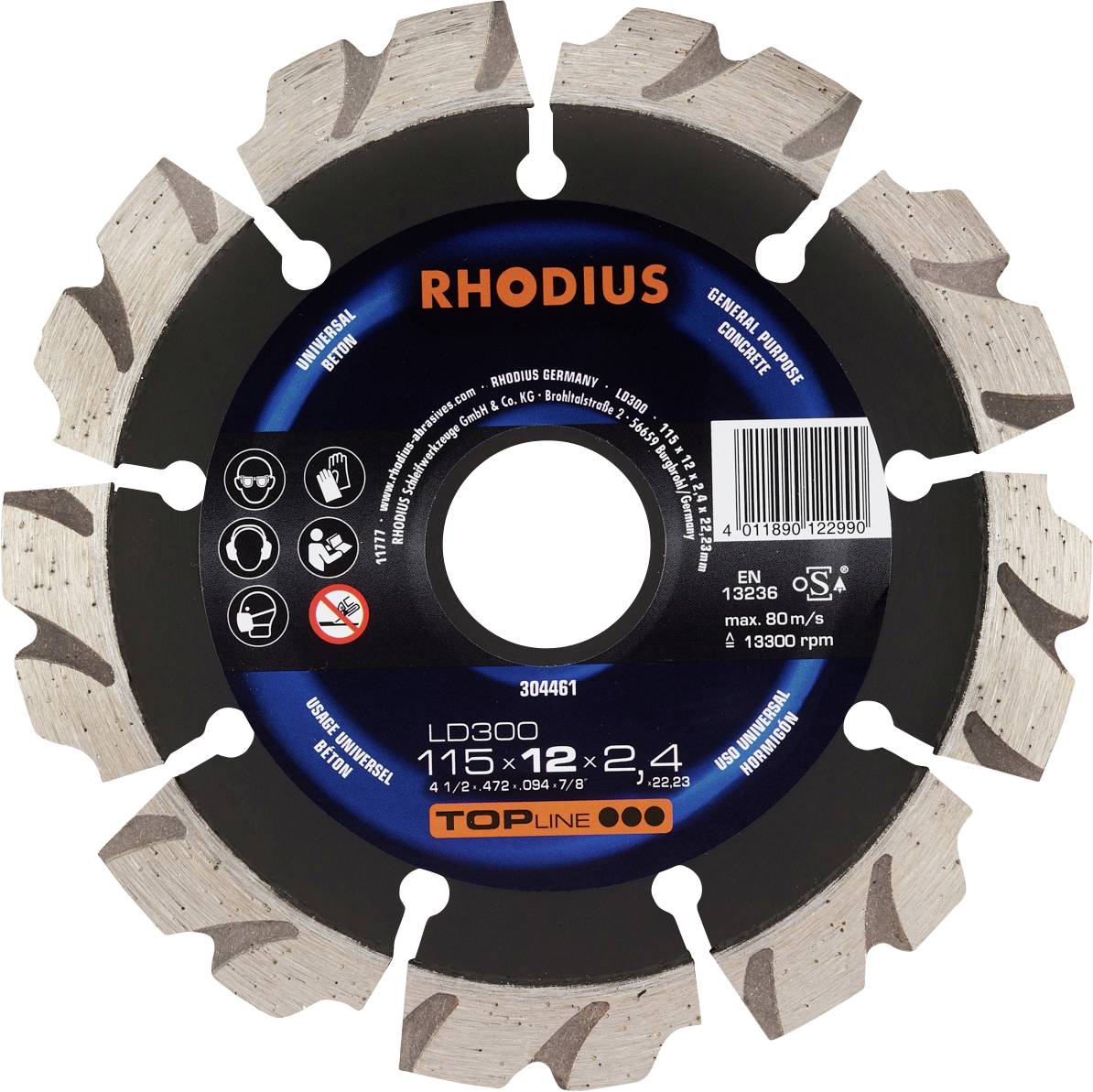 Natpis 'Rhodius' na segmentnom reznom disku, promjera 115 mm, provrta 22,23 mm, pogodan za beton i granit.