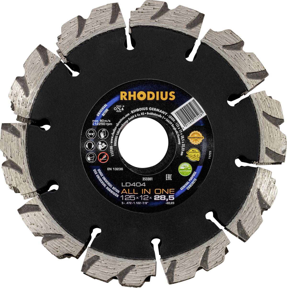 Crni Rhodius list pile, srebrni zubi, model 'LD40', promjer 125 mm, za građevinske primjene.