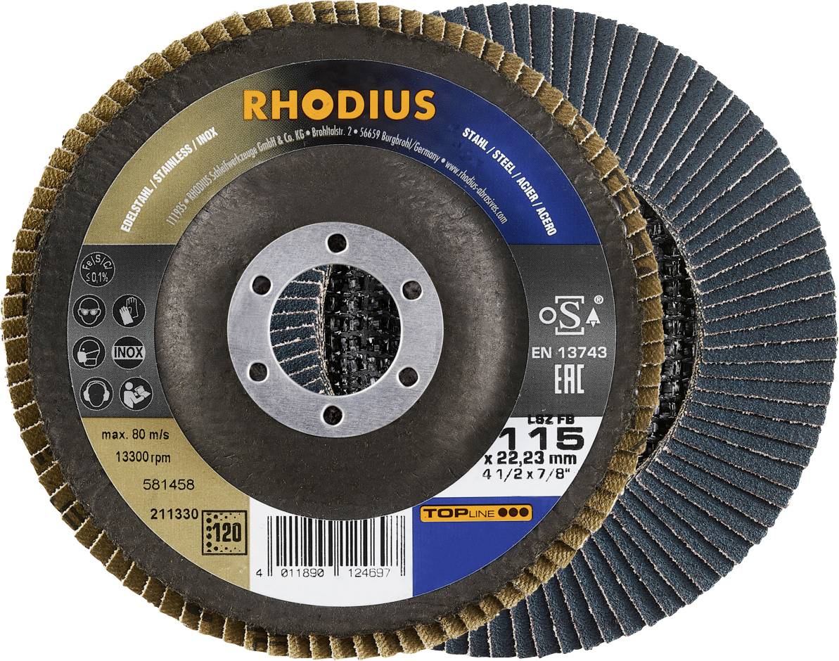 Rhodius 211330 Lamellenschijf Diameter 115 mm Boordiameter 22.23 mm Korrelgrootte (num) 120 RVS, Staal 1 stuk(s)