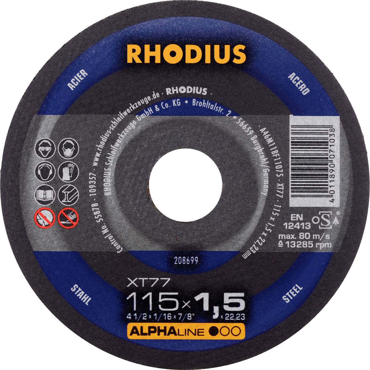 Rhodius 208699 Doorslijpschijf recht 115 mm 1 stuk(s) Staal