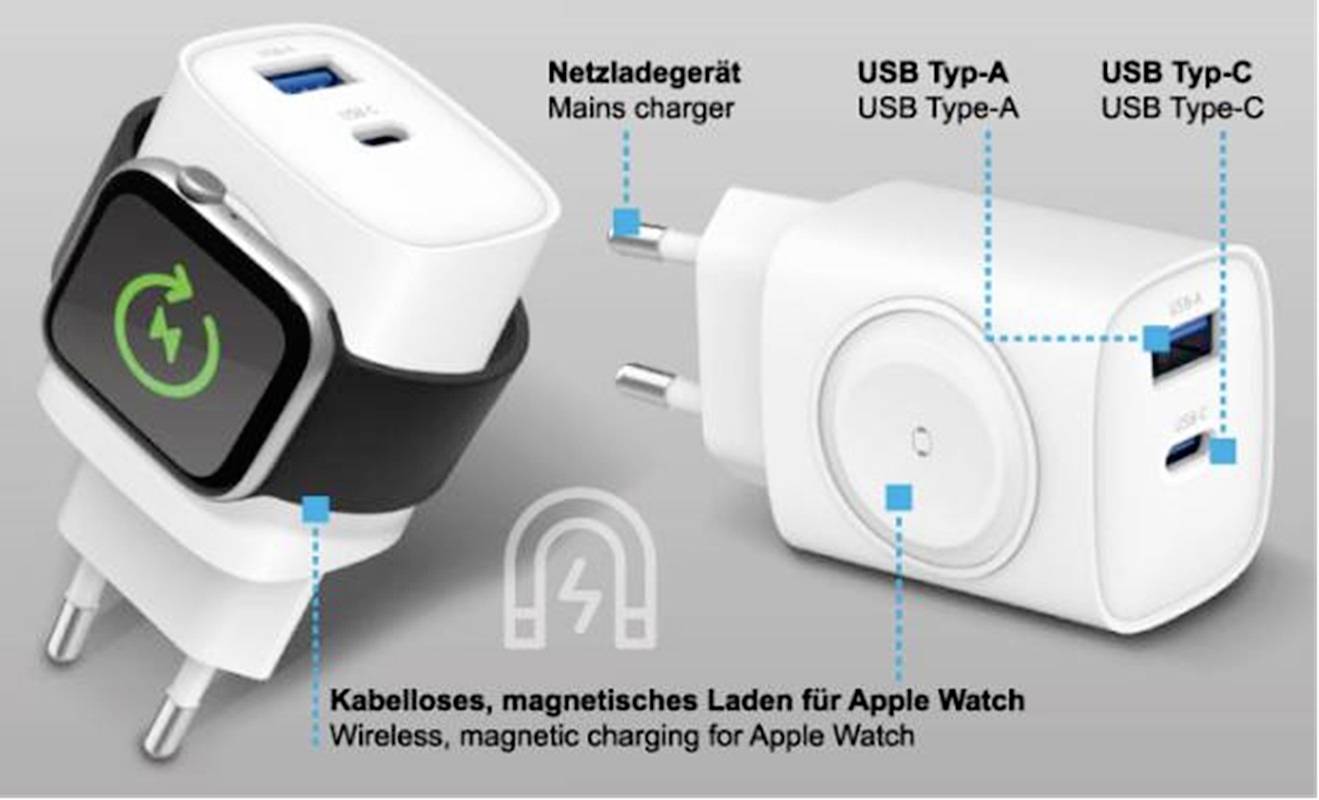 Mrežni punjač s USB Tip-A i Tip-C priključcima te magnetskom stanicom za punjenje Apple Watch-a.
