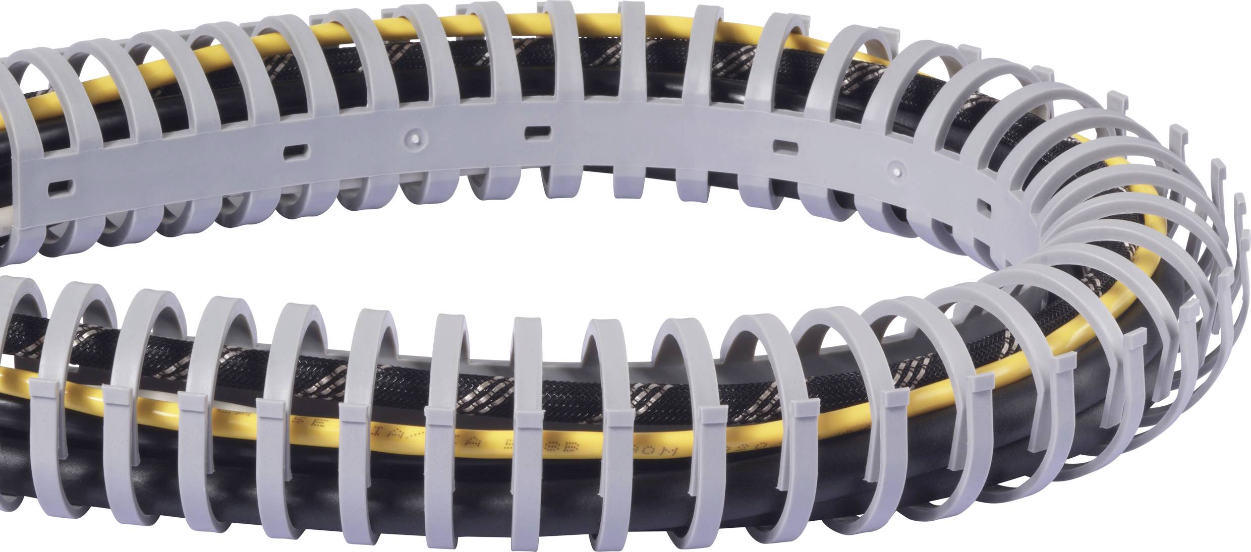 Fleksibilna zaštita kabela, postavljena u kružnom obliku, sive kućišta i crnih kabela unutar. Idealna za primjene u strojarstvu.